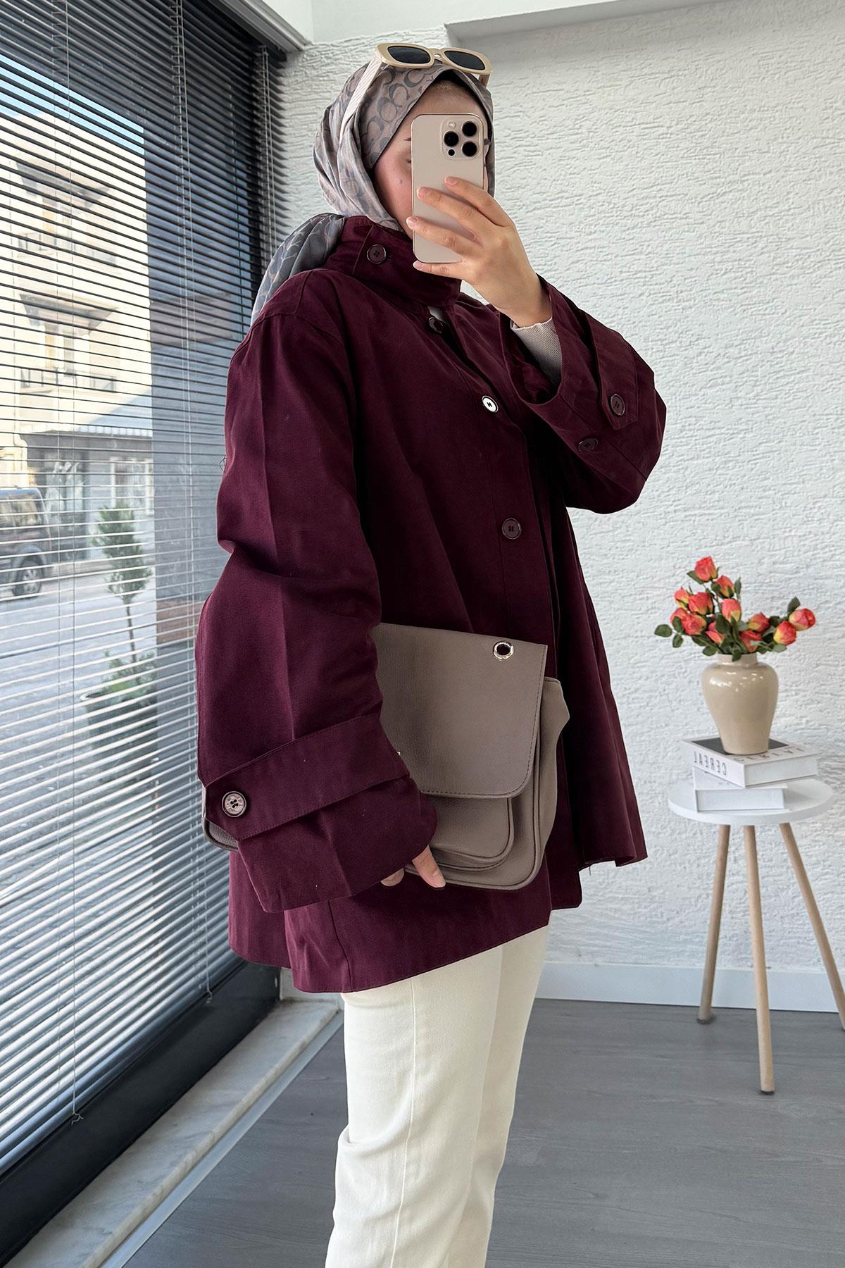 Premium Önü Düğmeli Oversize Gabardin Kaban – Bordo