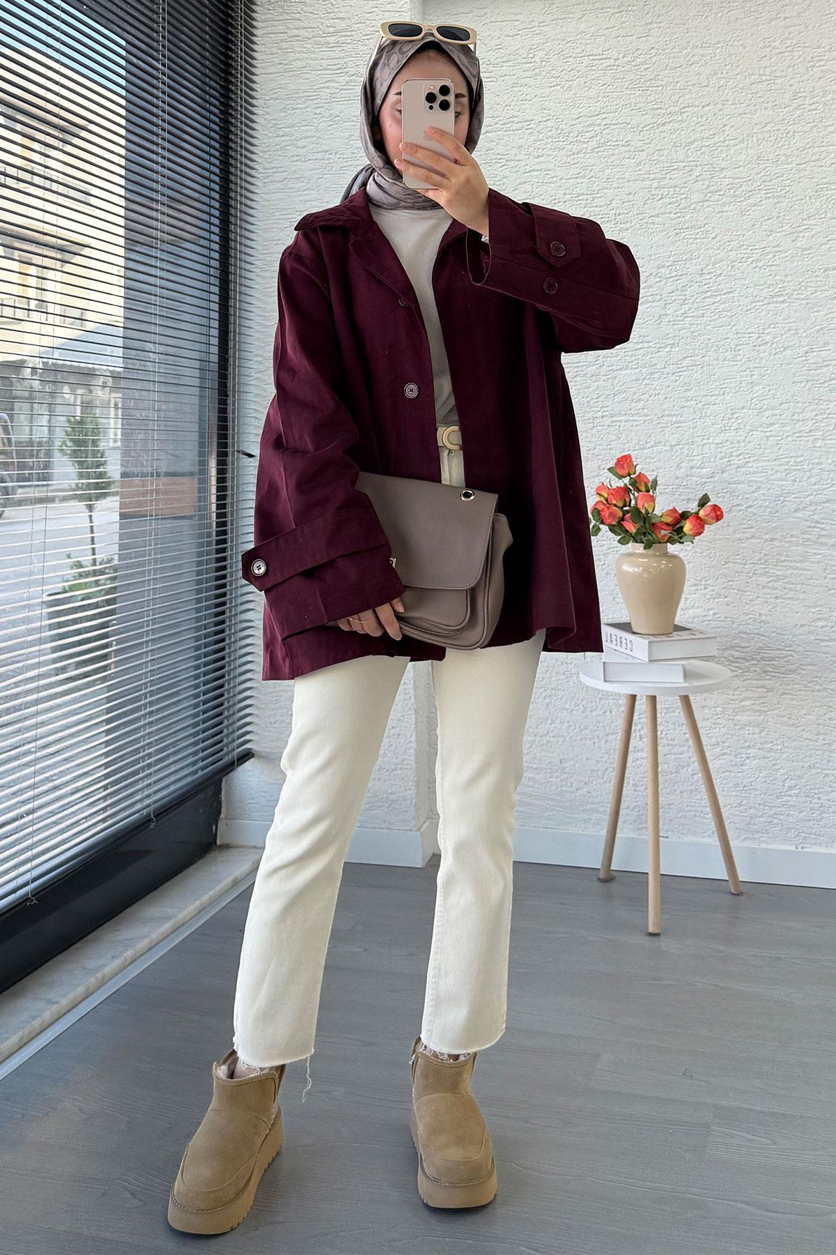 Premium Önü Düğmeli Oversize Gabardin Kaban – Bordo