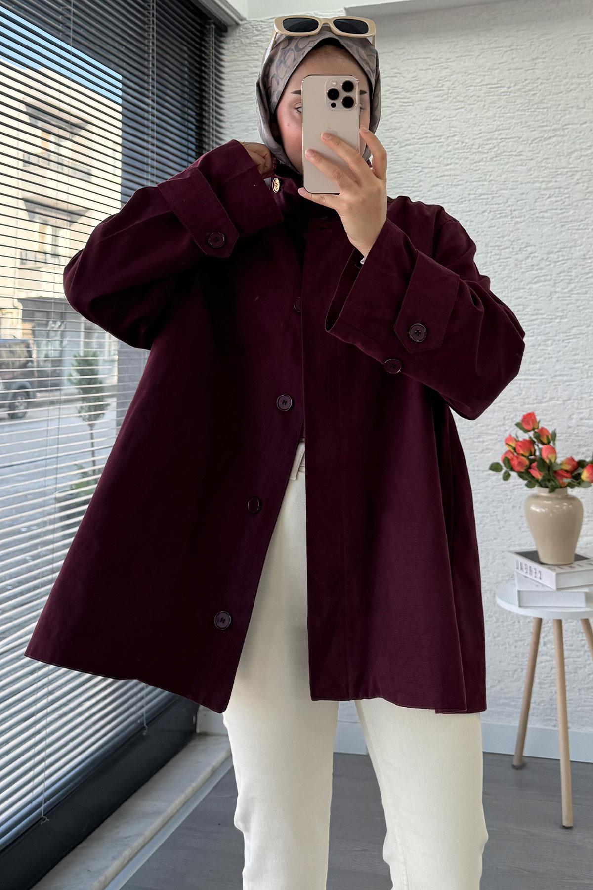 Premium Önü Düğmeli Oversize Gabardin Kaban – Bordo