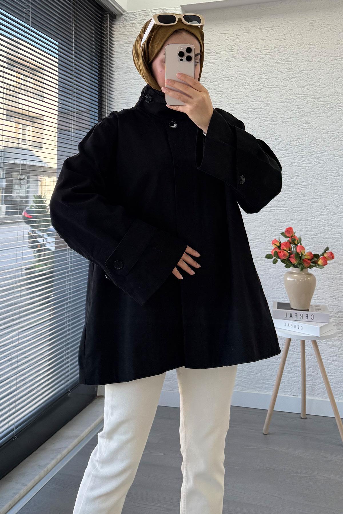 Premium Önü Düğmeli Oversize Gabardin Kaban – Siyah