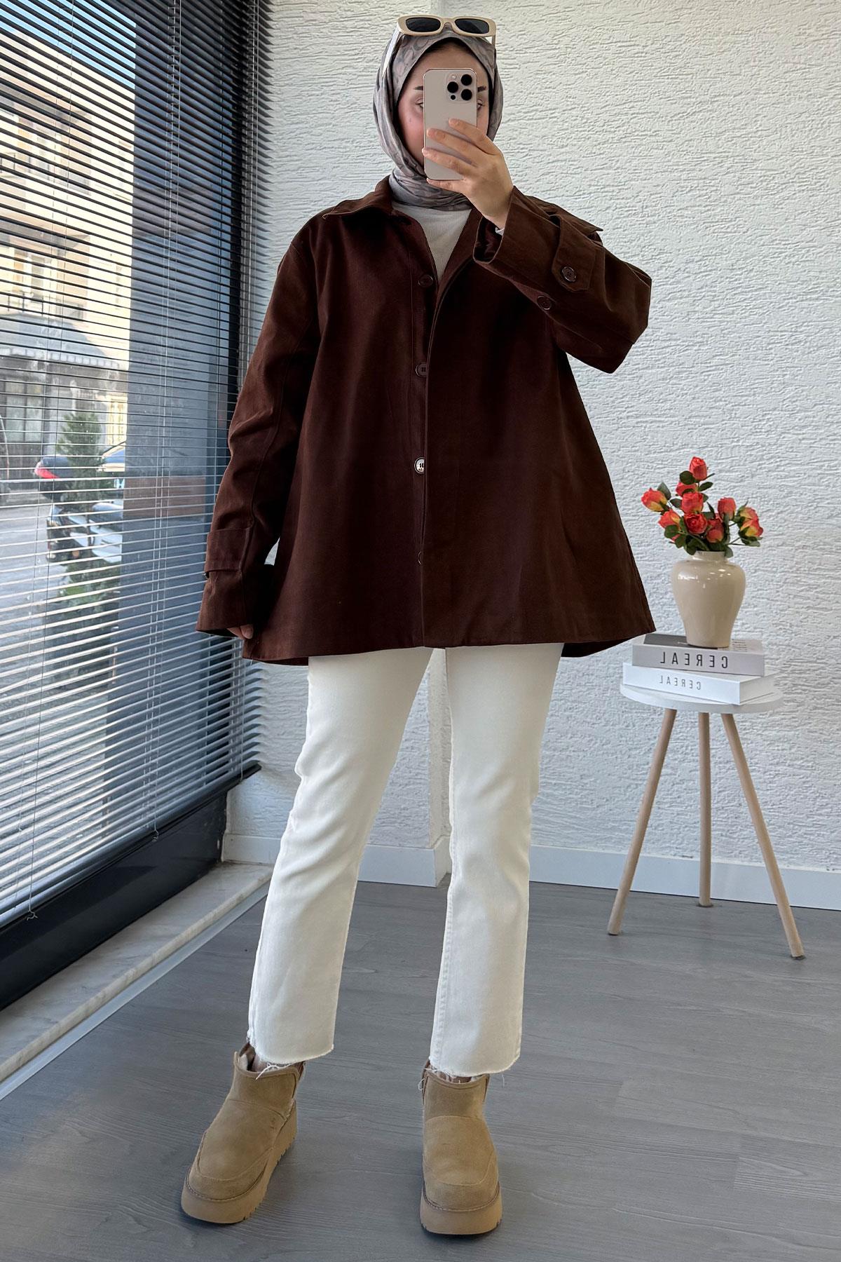 Premium Önü Düğmeli Oversize Gabardin Kaban – Kahverengi