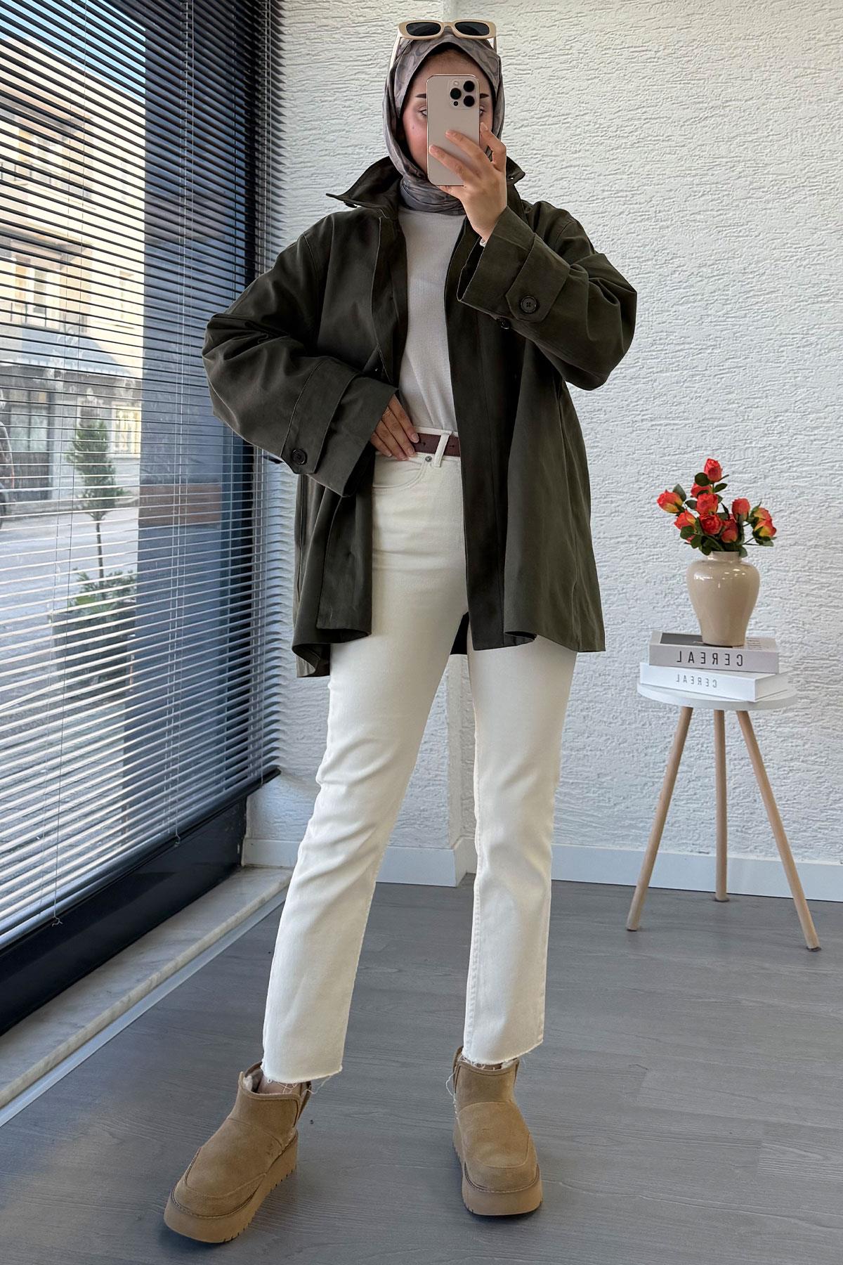Premium Önü Düğmeli Oversize Gabardin Kaban – Haki