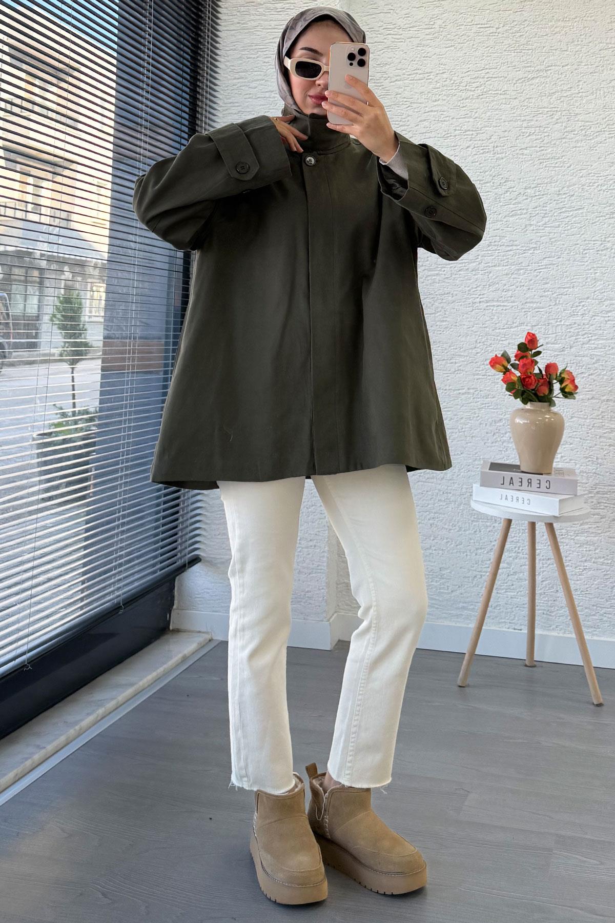 Premium Önü Düğmeli Oversize Gabardin Kaban – Haki