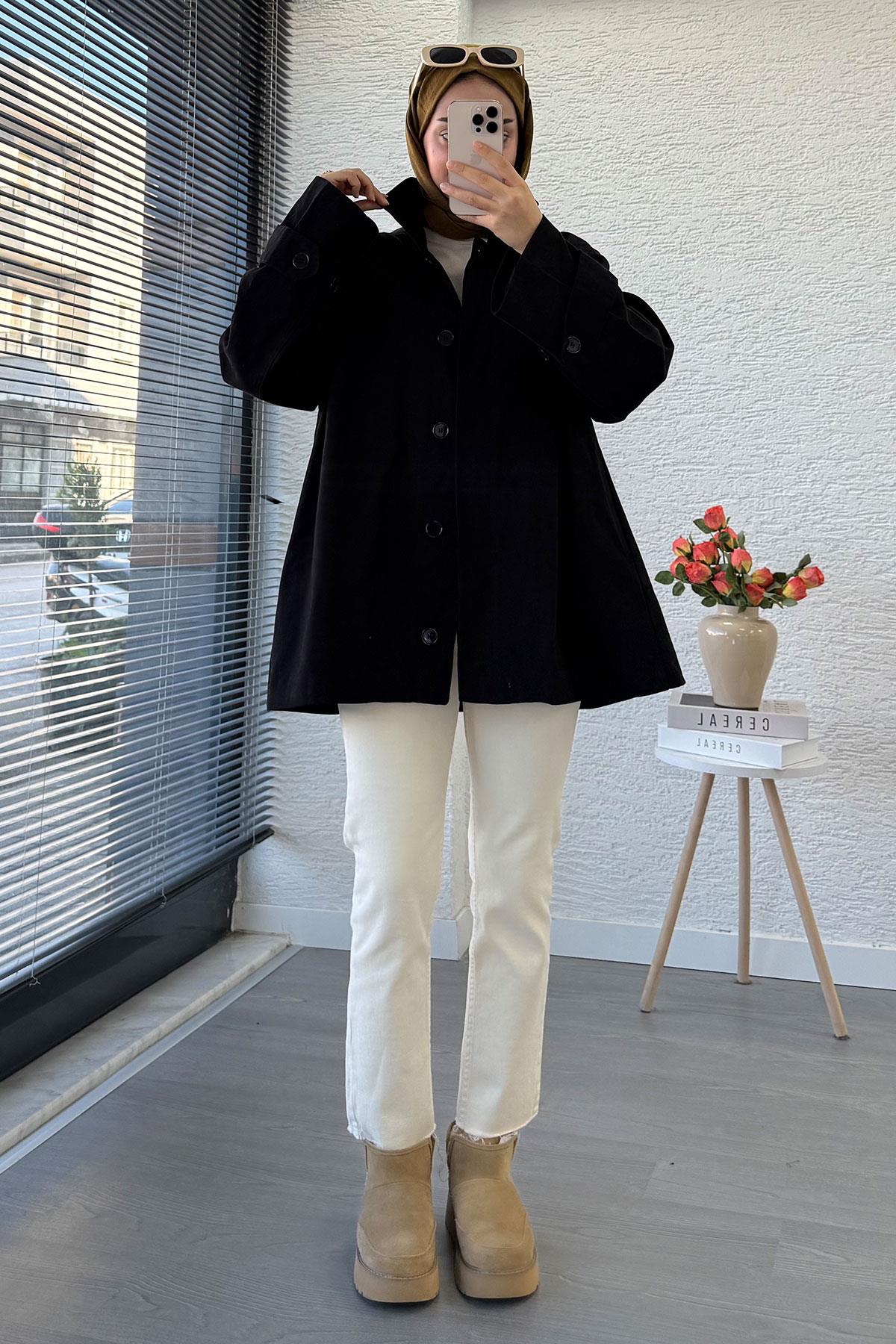 Premium Önü Düğmeli Oversize Gabardin Kaban – Siyah