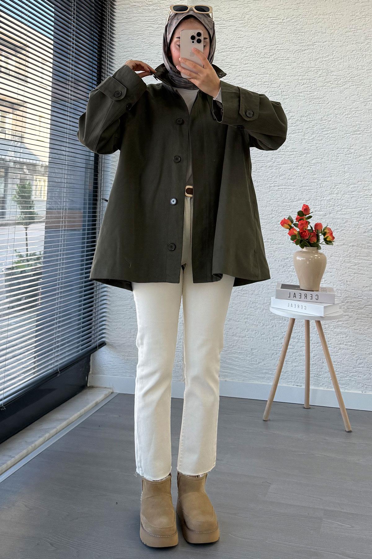 Premium Önü Düğmeli Oversize Gabardin Kaban – Haki