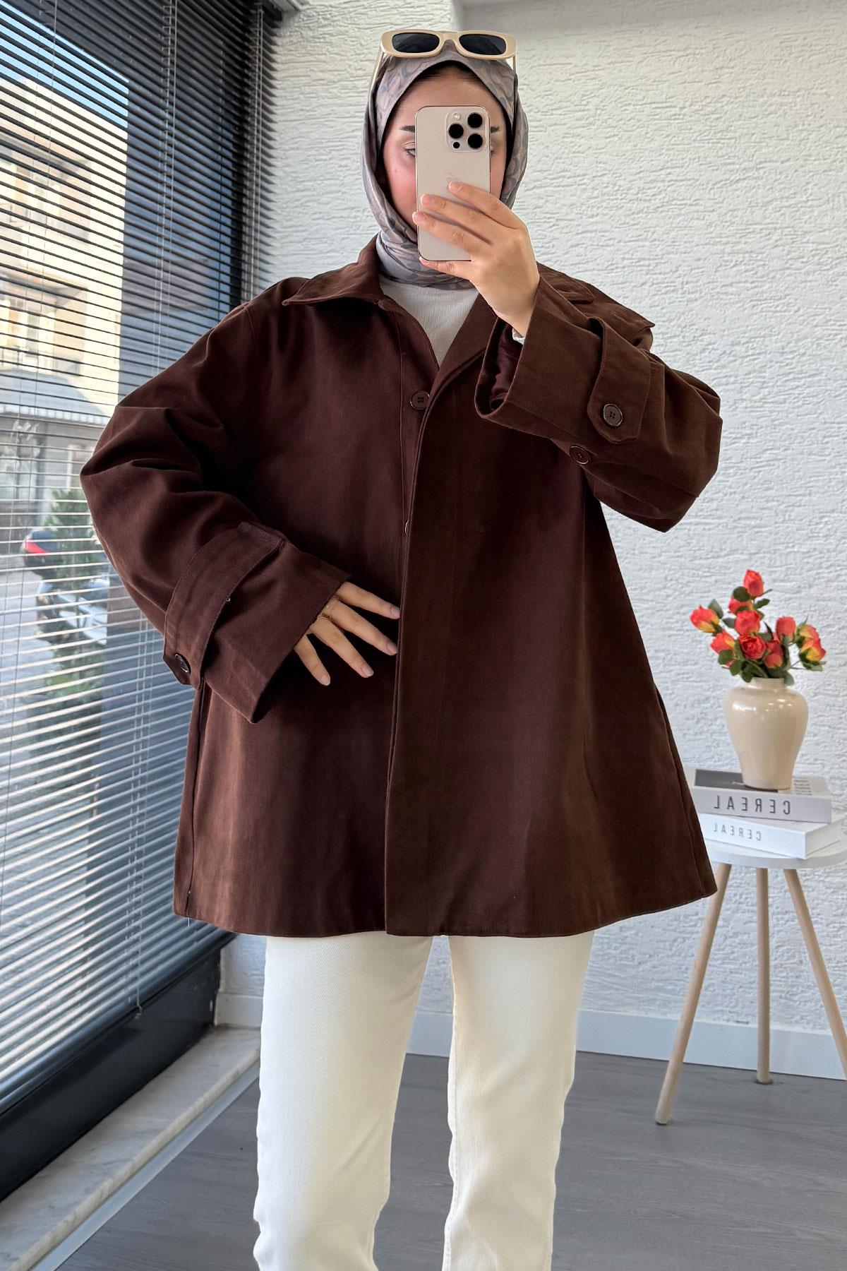 Premium Önü Düğmeli Oversize Gabardin Kaban – Kahverengi
