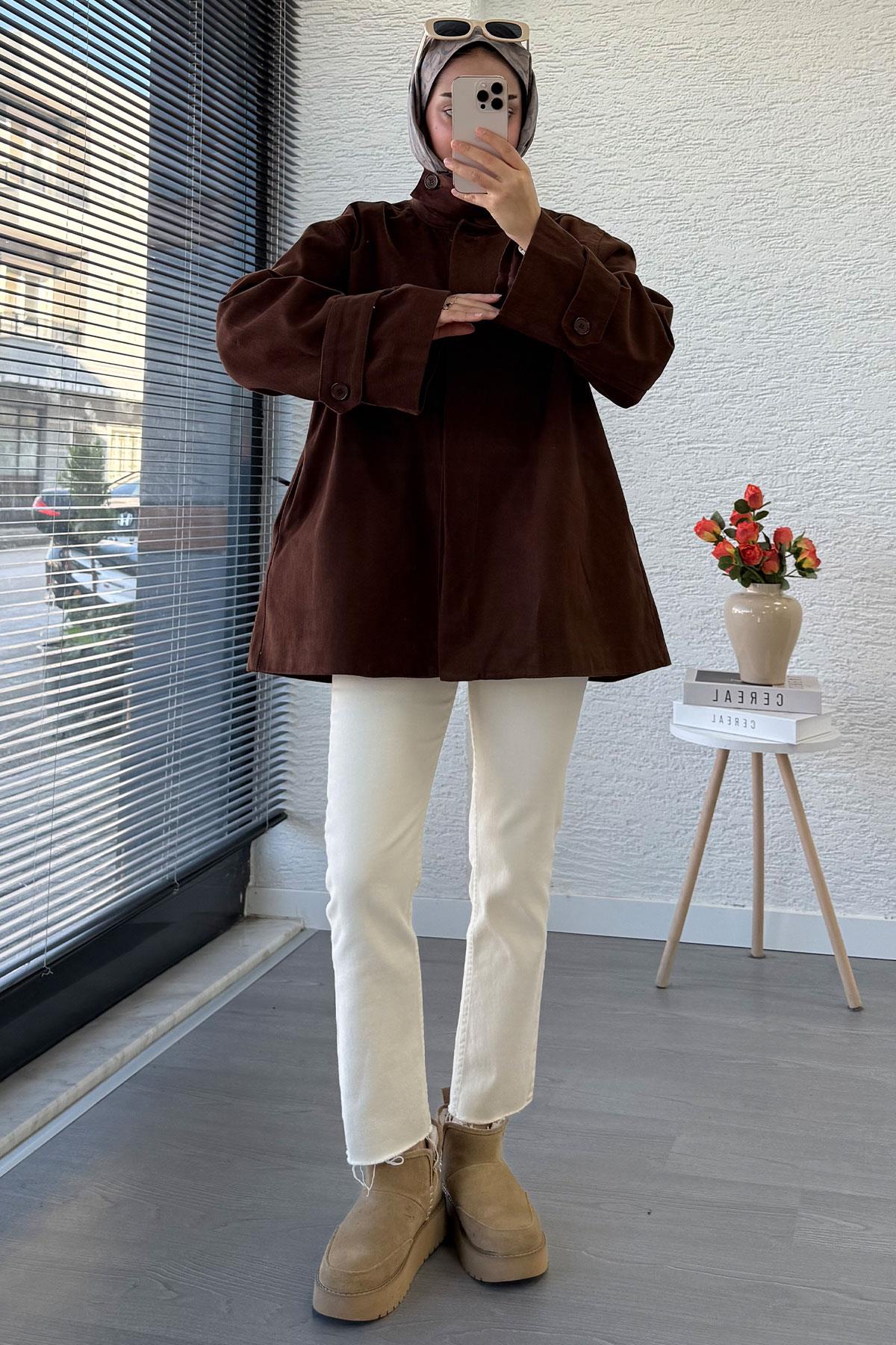Premium Önü Düğmeli Oversize Gabardin Kaban – Kahverengi
