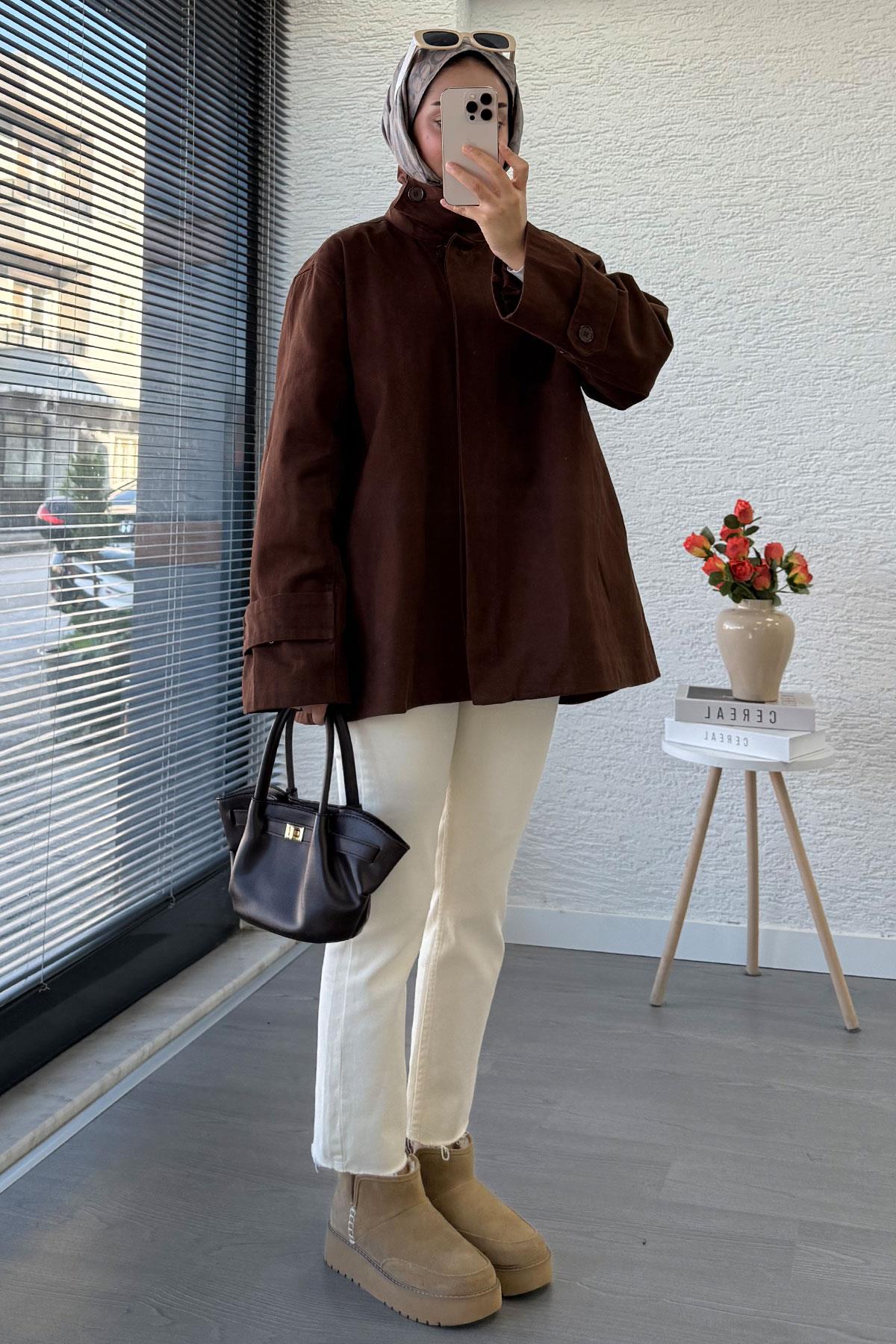 Premium Önü Düğmeli Oversize Gabardin Kaban – Kahverengi