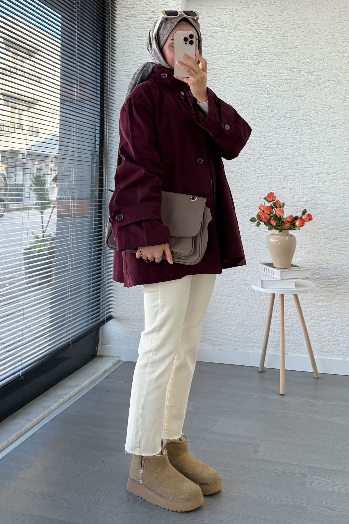 Premium Önü Düğmeli Oversize Gabardin Kaban – Bordo