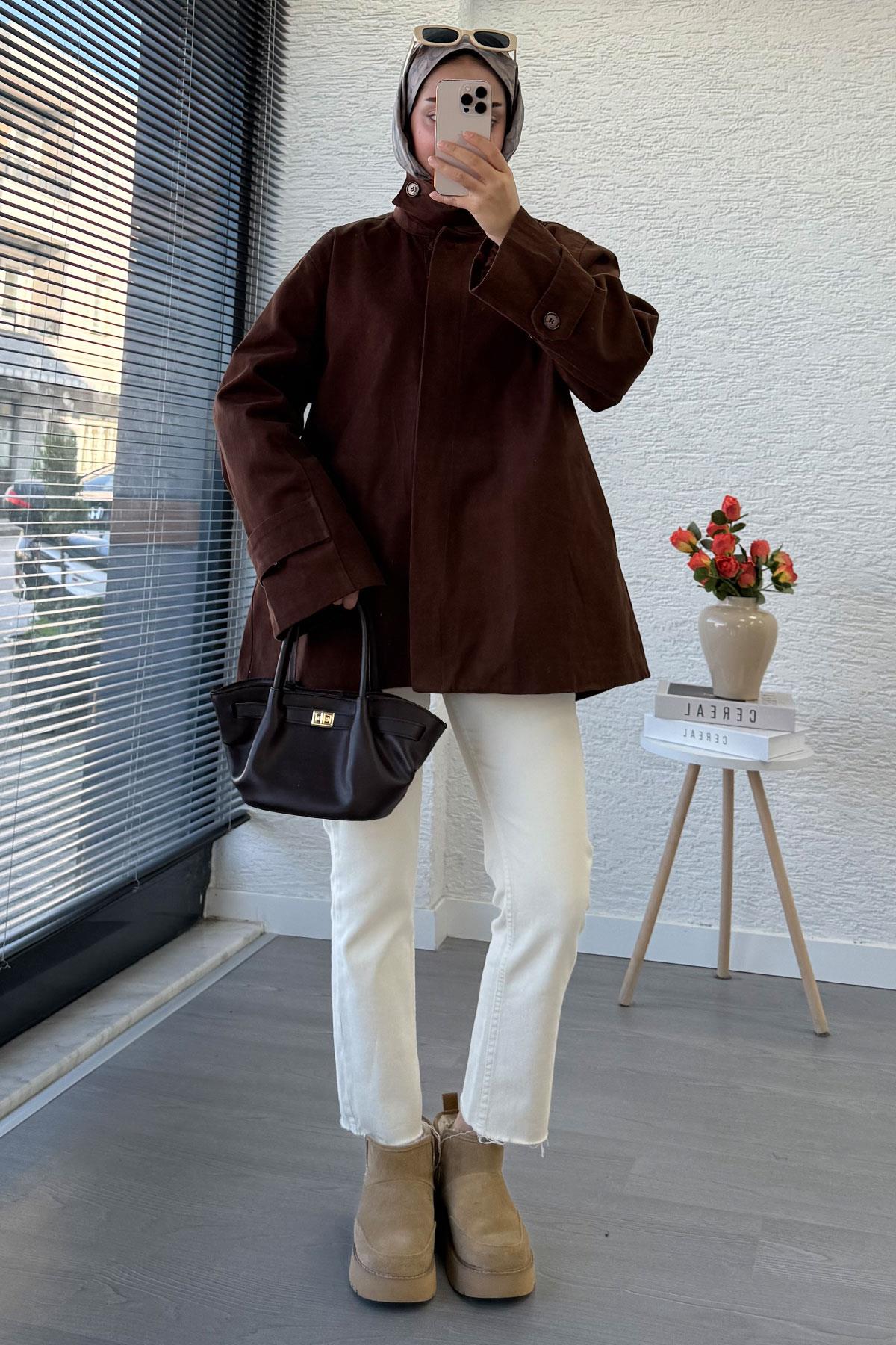Premium Önü Düğmeli Oversize Gabardin Kaban – Kahverengi