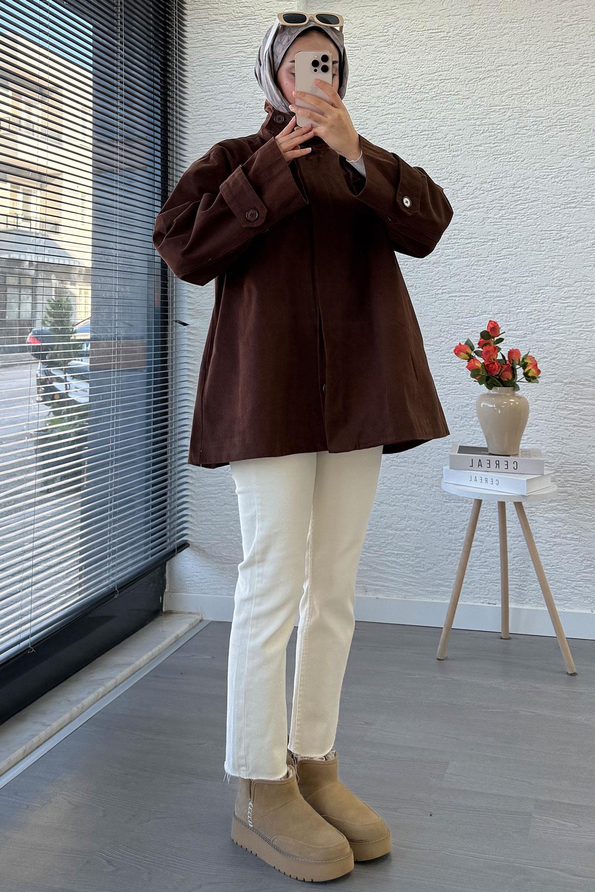 Premium Önü Düğmeli Oversize Gabardin Kaban – Kahverengi