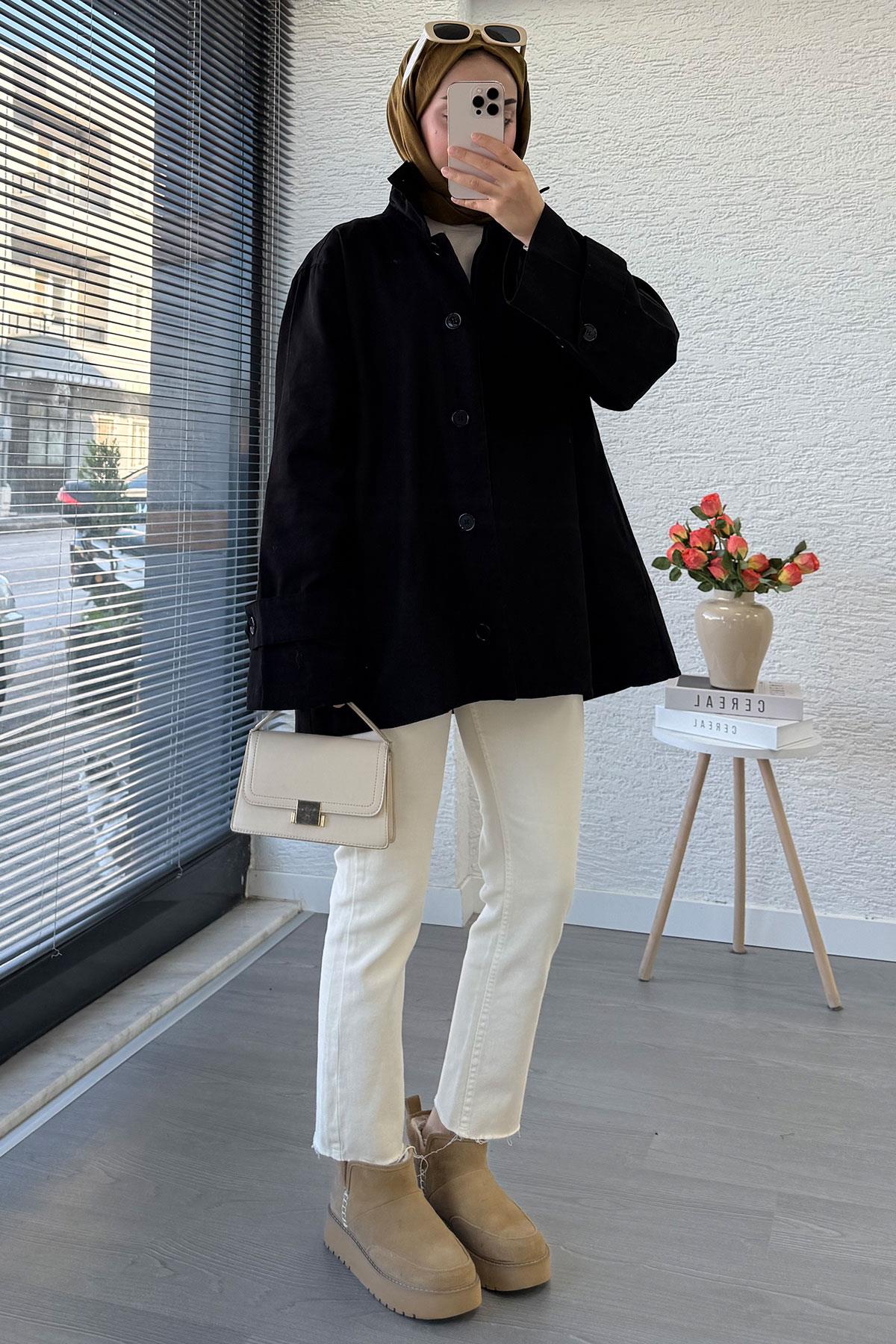 Premium Önü Düğmeli Oversize Gabardin Kaban – Siyah
