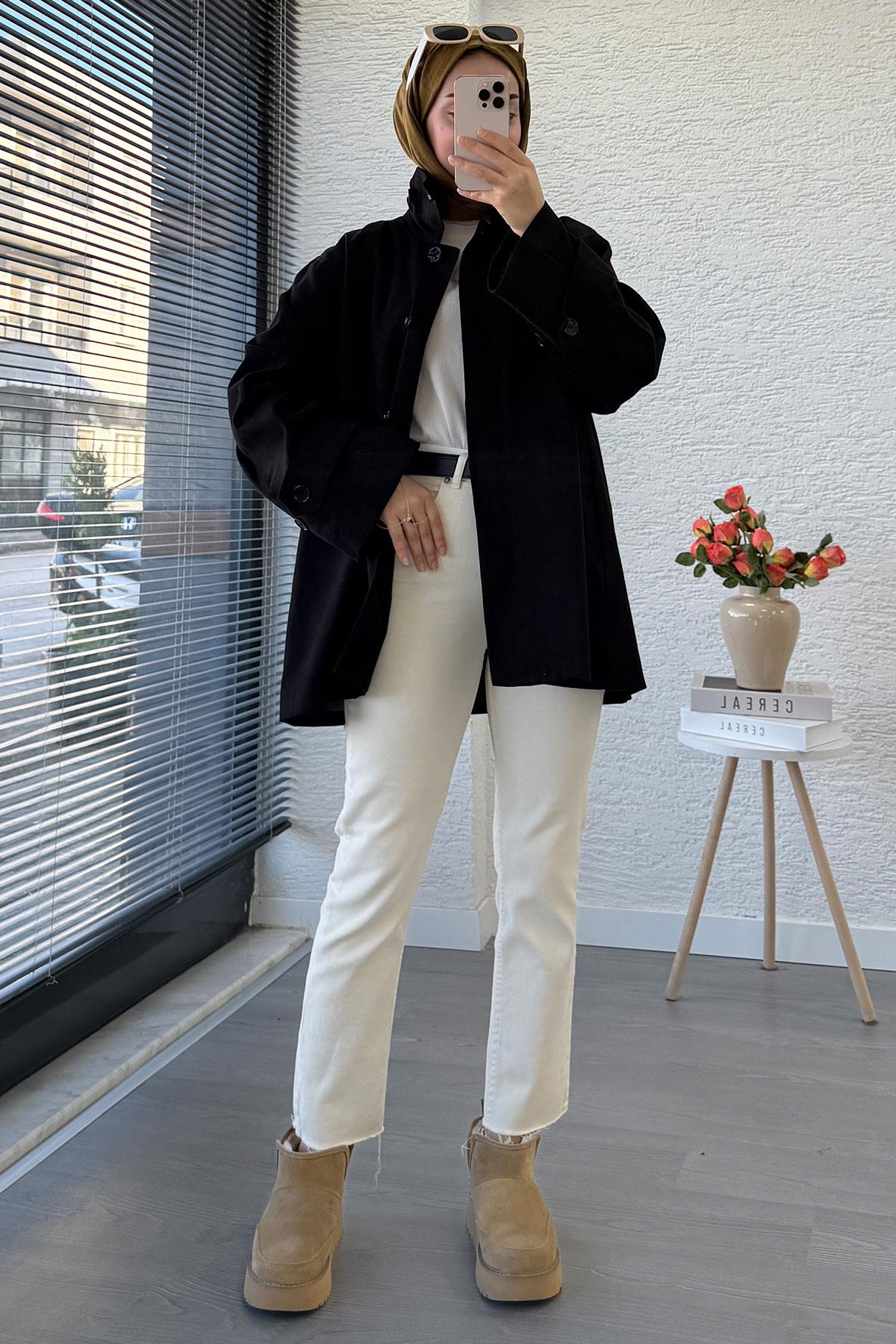 Premium Önü Düğmeli Oversize Gabardin Kaban – Siyah