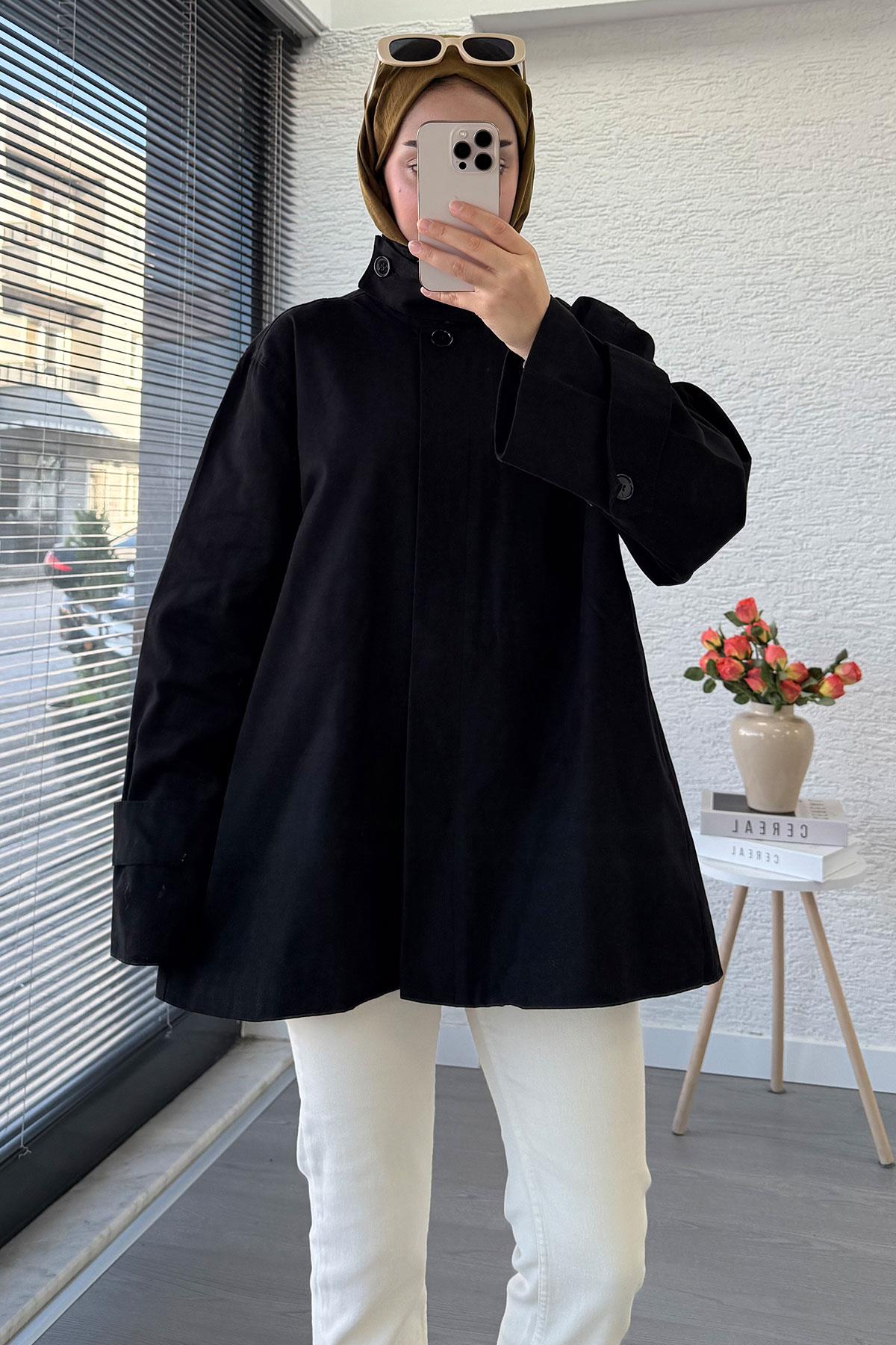 Premium Önü Düğmeli Oversize Gabardin Kaban – Siyah