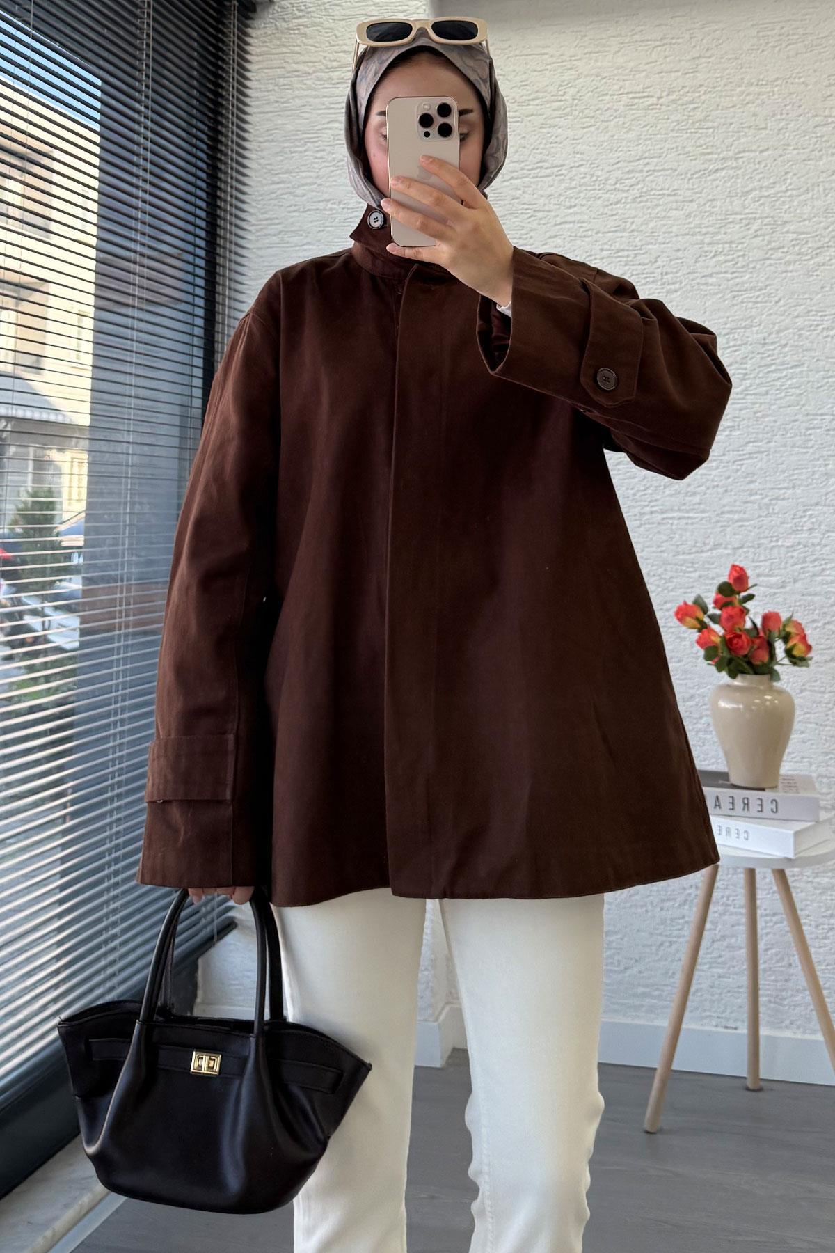 Premium Önü Düğmeli Oversize Gabardin Kaban – Kahverengi