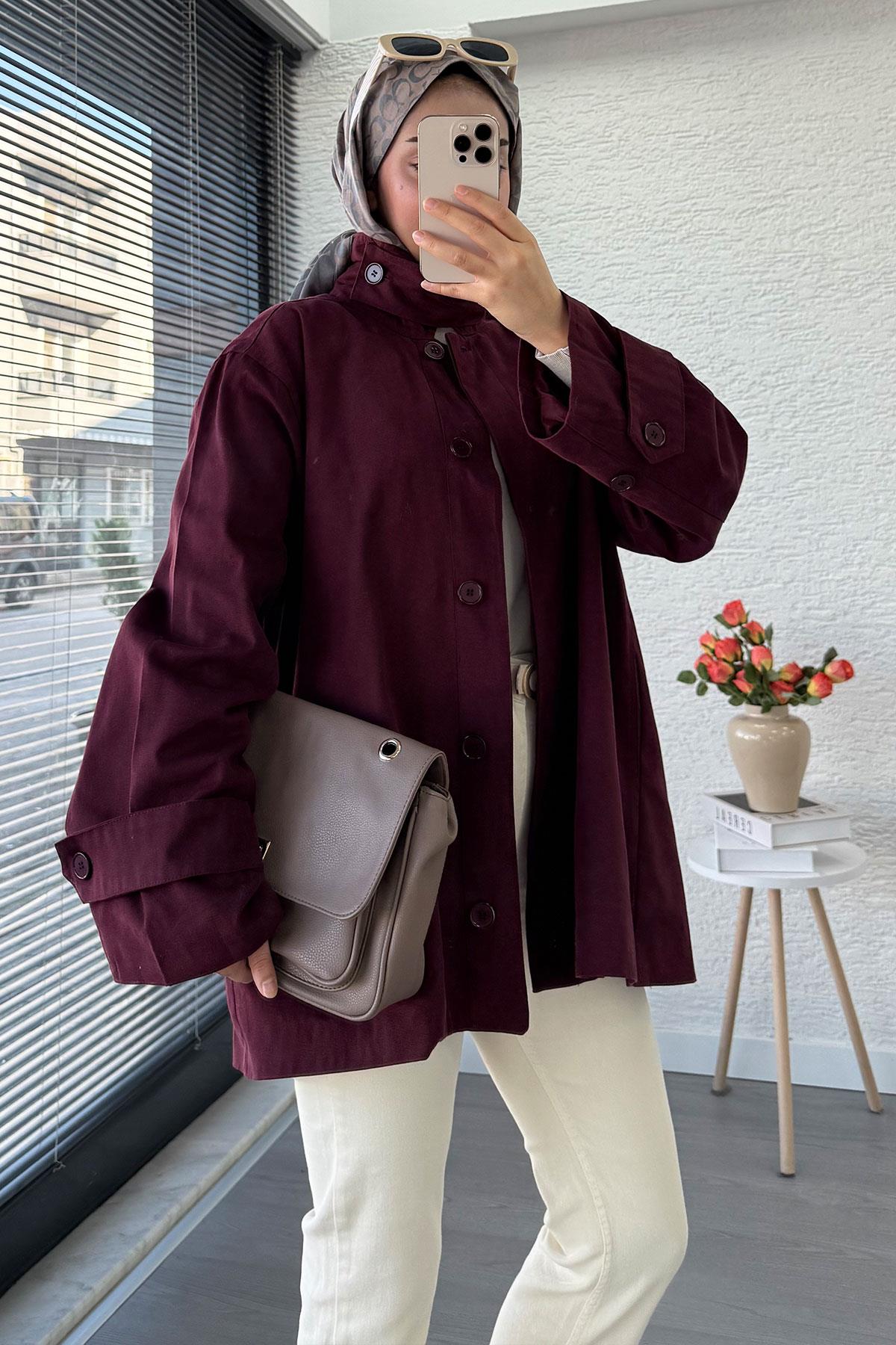 Premium Önü Düğmeli Oversize Gabardin Kaban – Bordo