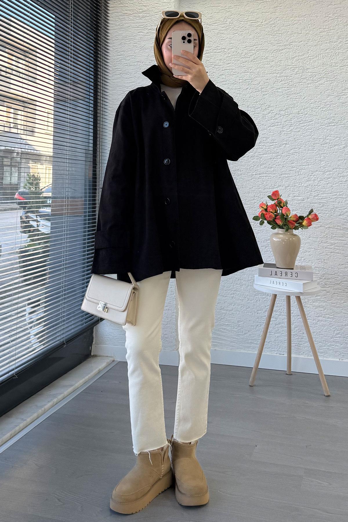Premium Önü Düğmeli Oversize Gabardin Kaban – Siyah
