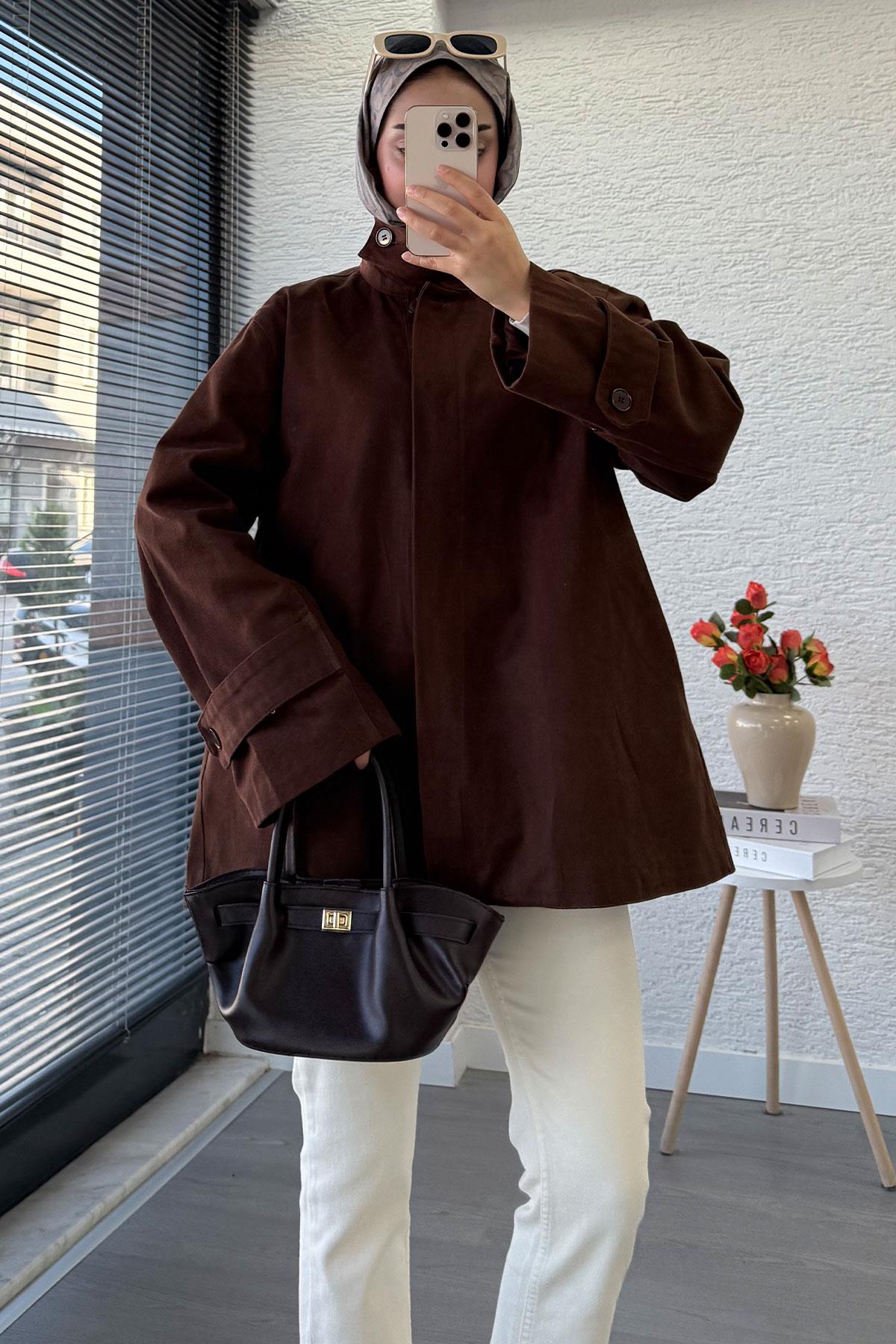 Premium Önü Düğmeli Oversize Gabardin Kaban – Kahverengi