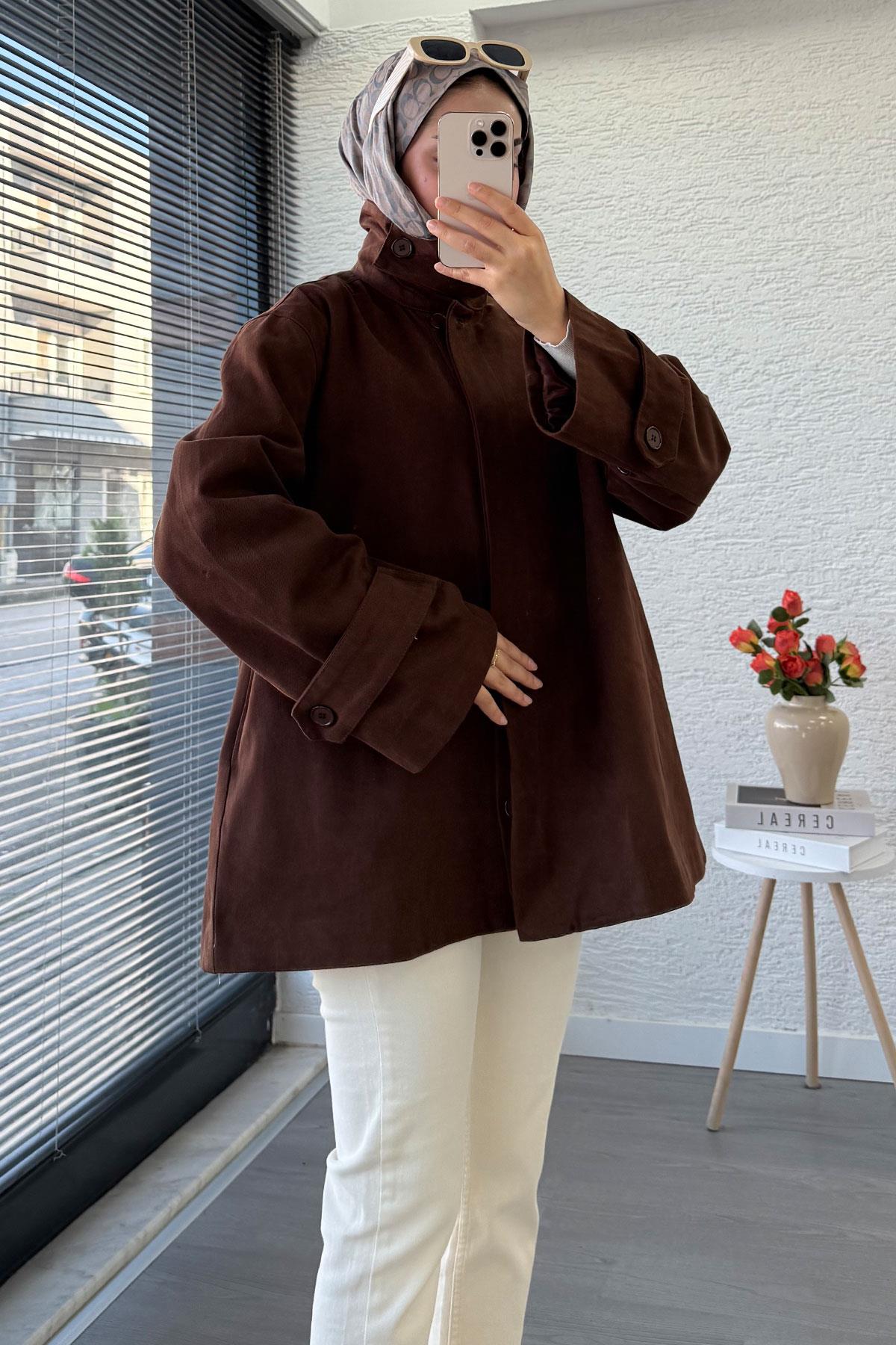 Premium Önü Düğmeli Oversize Gabardin Kaban – Kahverengi