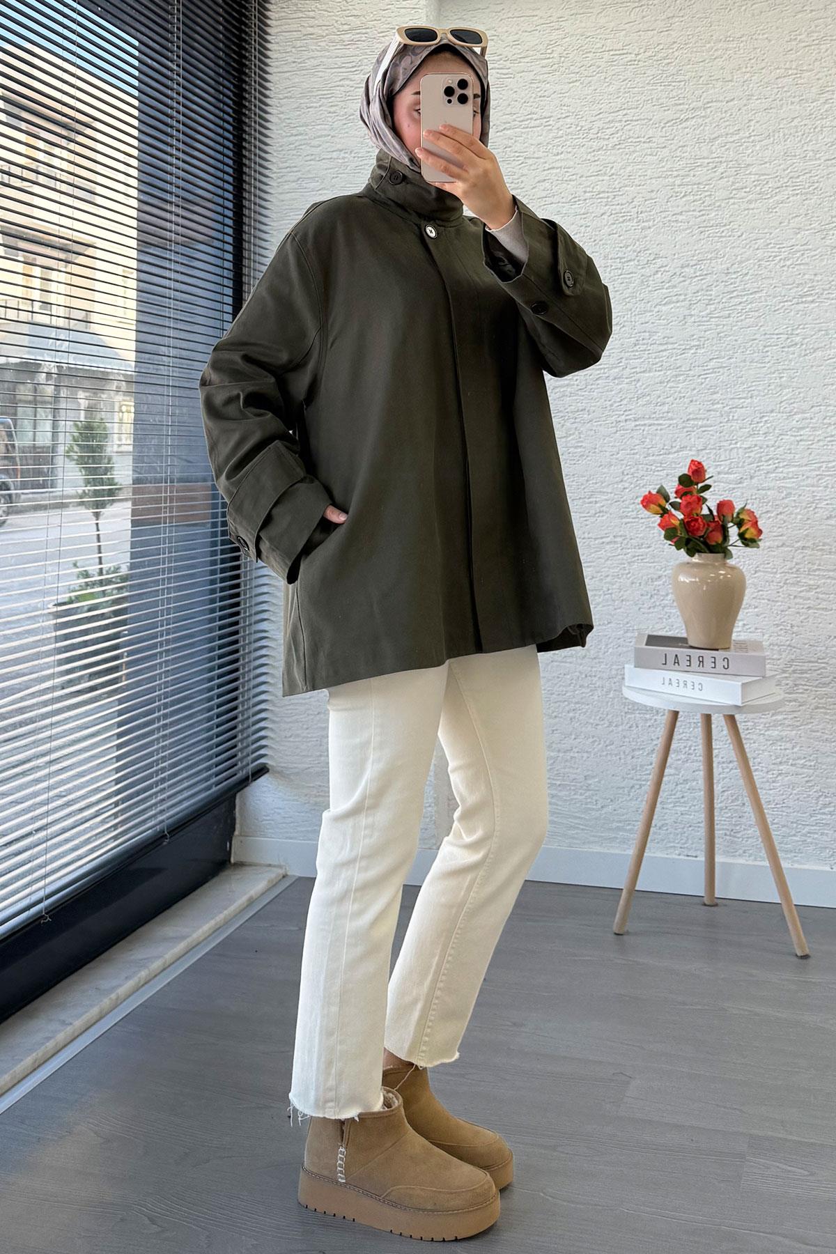 Premium Önü Düğmeli Oversize Gabardin Kaban – Haki