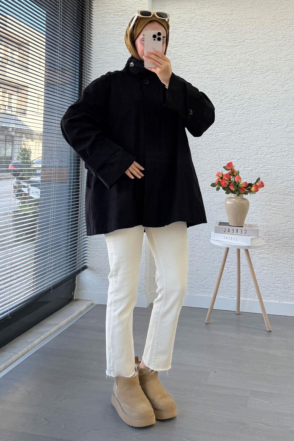 Premium Önü Düğmeli Oversize Gabardin Kaban – Siyah