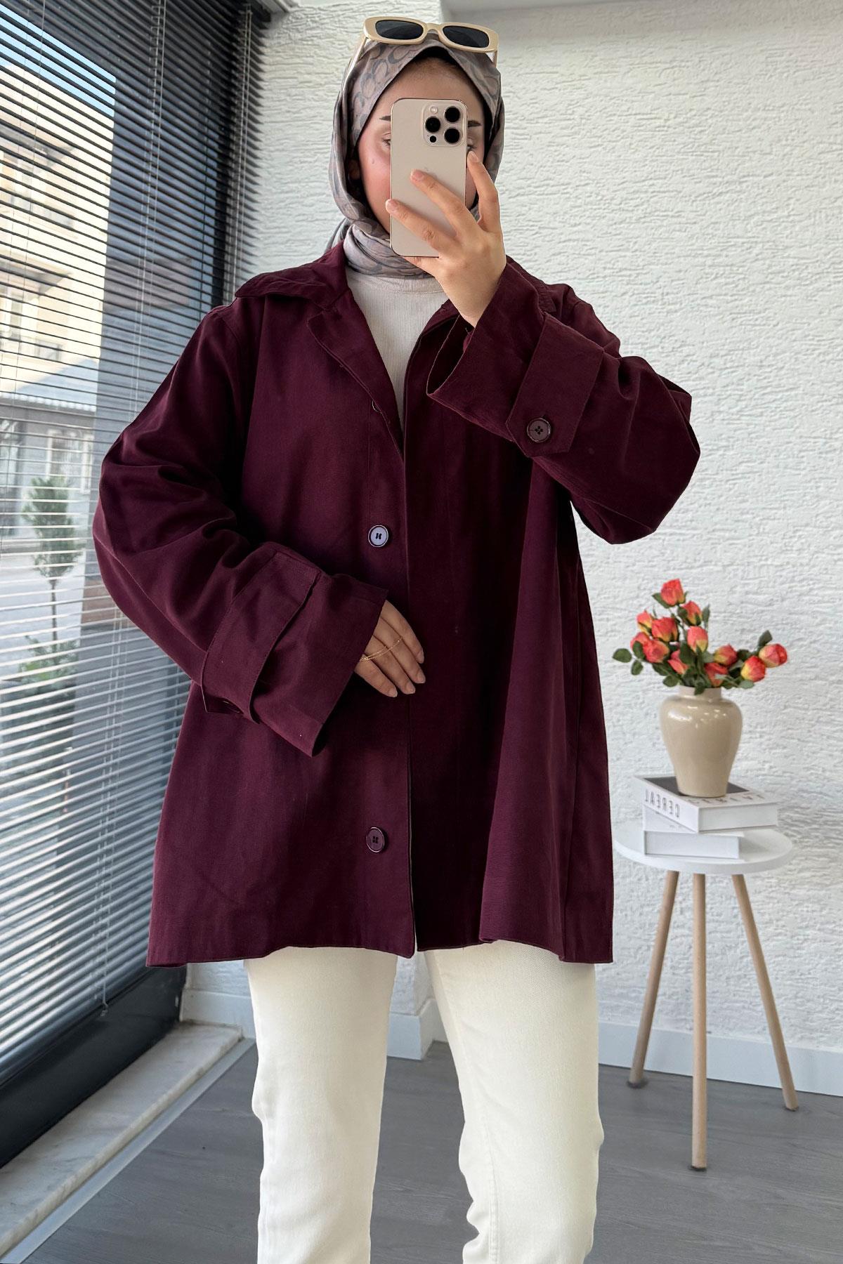 Premium Önü Düğmeli Oversize Gabardin Kaban – Bordo
