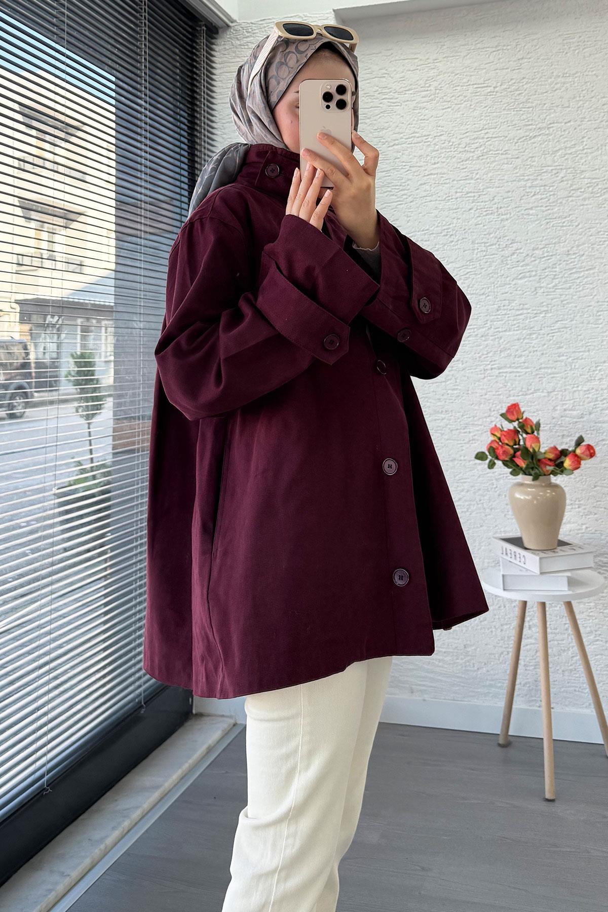Premium Önü Düğmeli Oversize Gabardin Kaban – Bordo