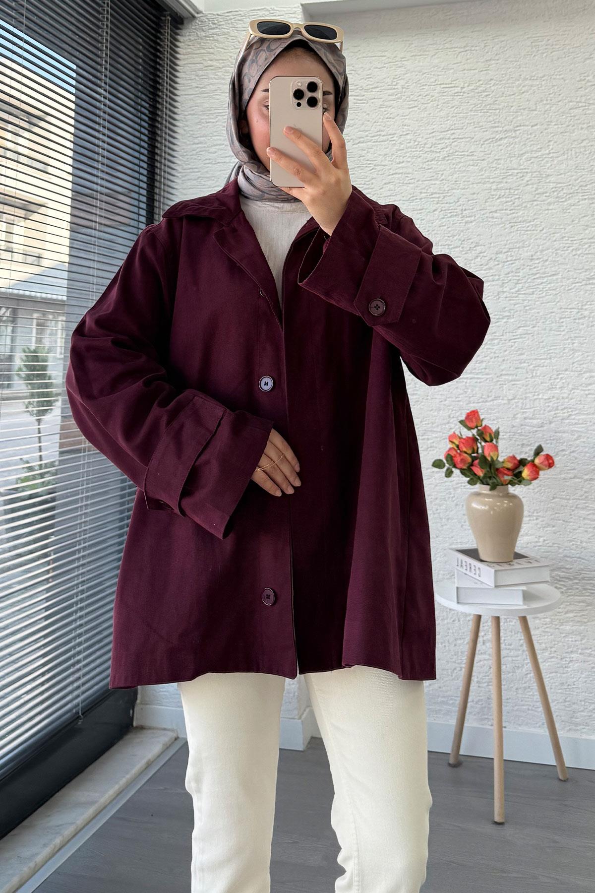 Premium Önü Düğmeli Oversize Gabardin Kaban – Bordo