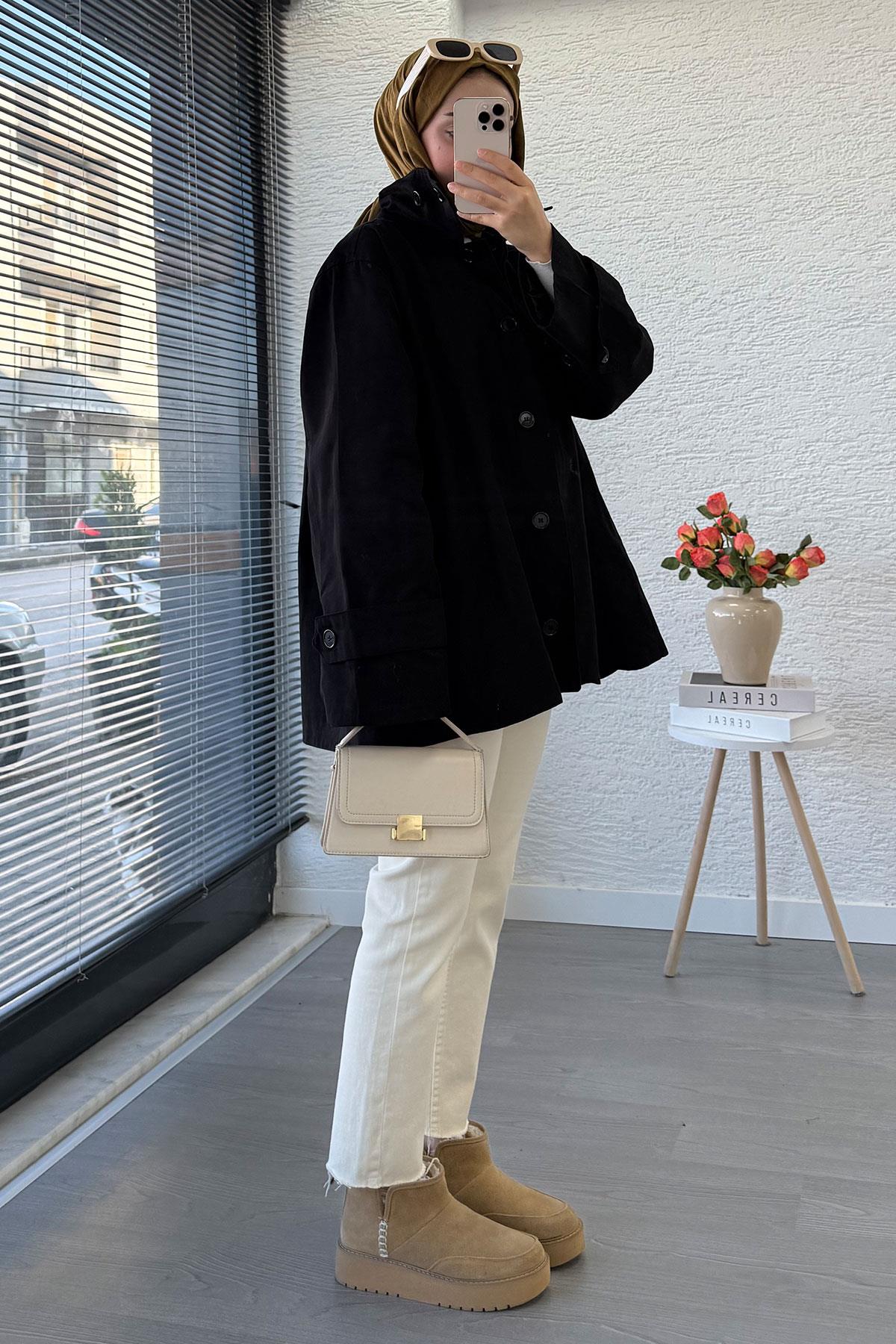 Premium Önü Düğmeli Oversize Gabardin Kaban – Siyah