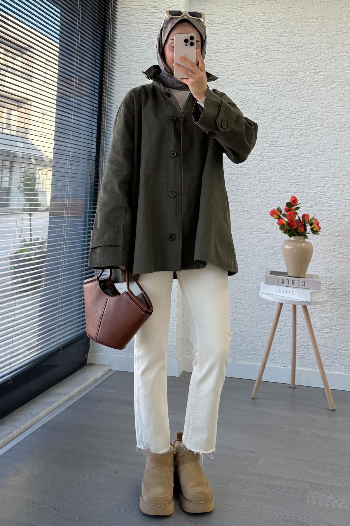 Premium Önü Düğmeli Oversize Gabardin Kaban – Haki