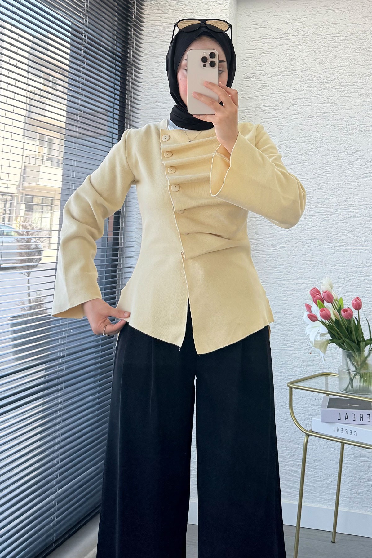 Premıum Önü Düğmeli Selanik Bluz Hırka - Sarı