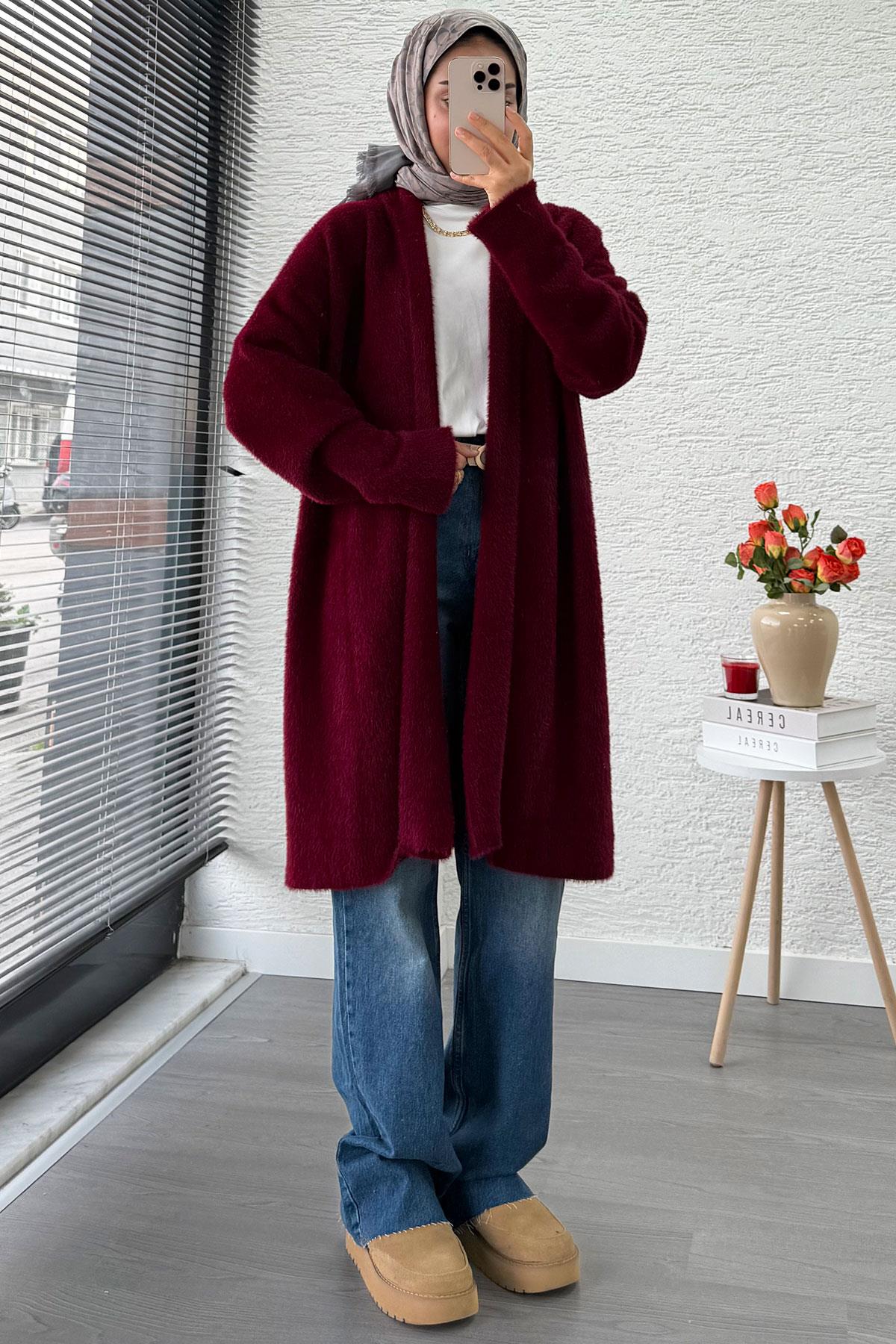 Premium Önü Katlı Yumoş Kadın Hırka – Bordo