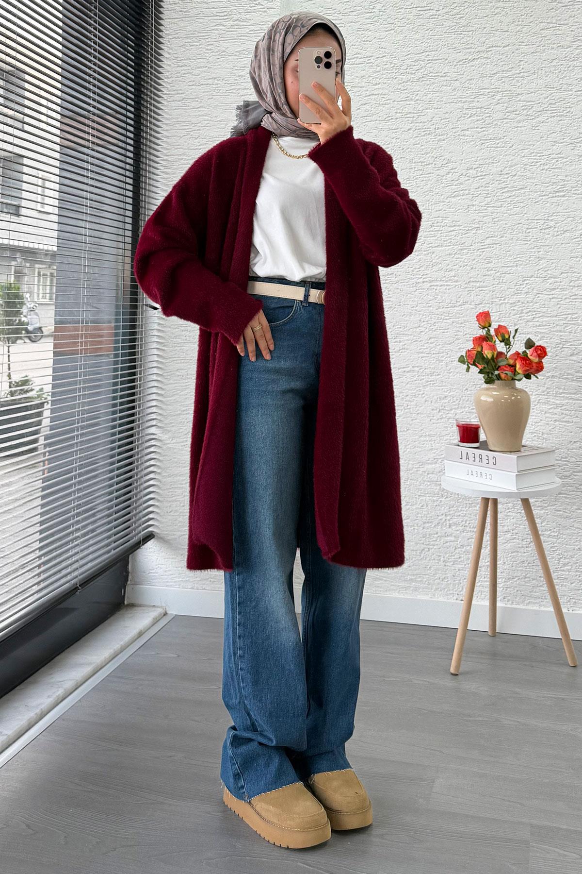 Premium Önü Katlı Yumoş Kadın Hırka – Bordo