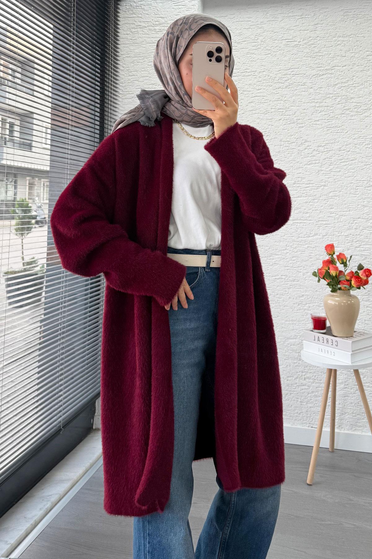 Premium Önü Katlı Yumoş Kadın Hırka – Bordo