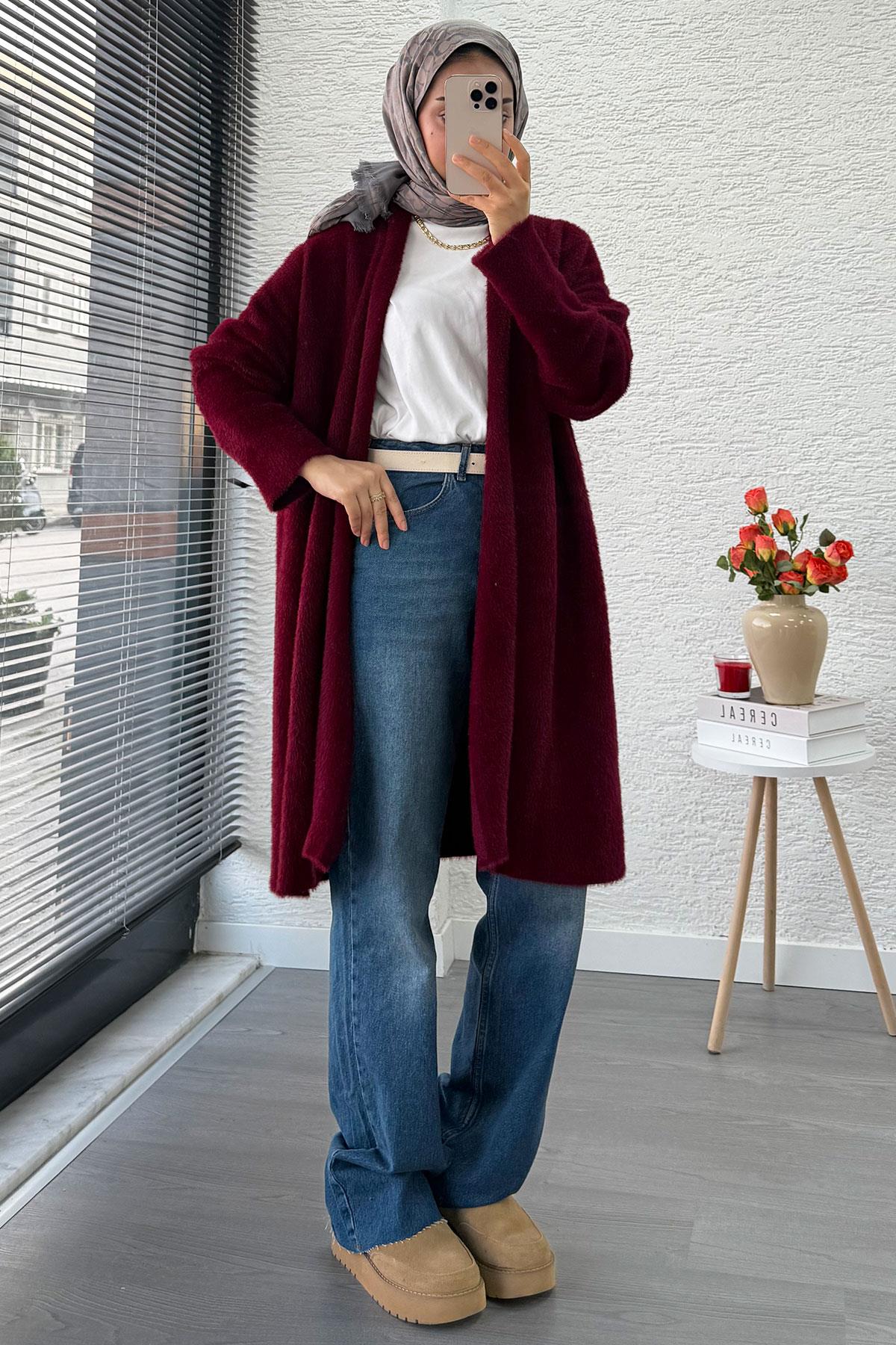 Premium Önü Katlı Yumoş Kadın Hırka – Bordo