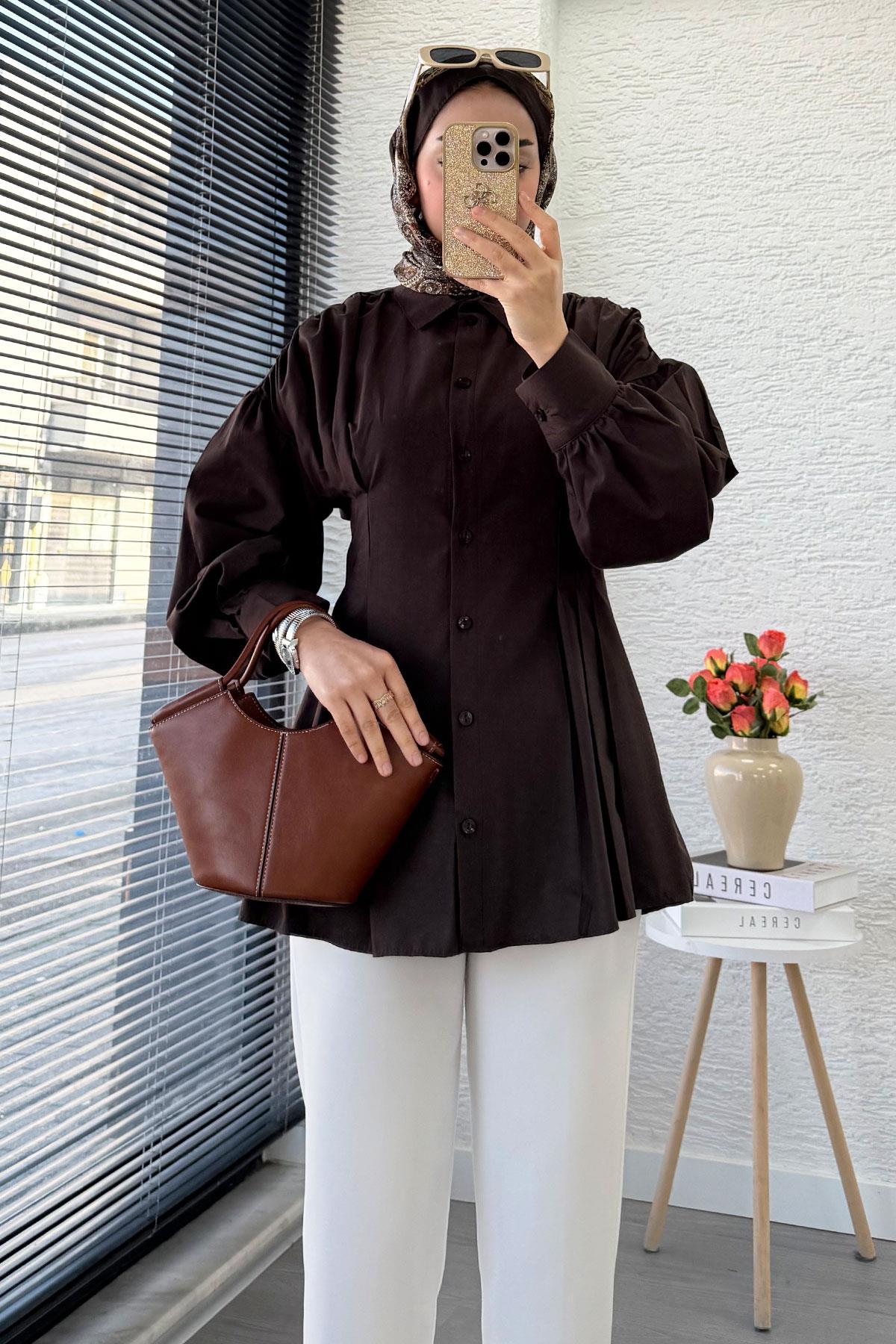 Premium Önü ve Arkası Pens Detaylı Poplin Gömlek Tunik — Kahverengi