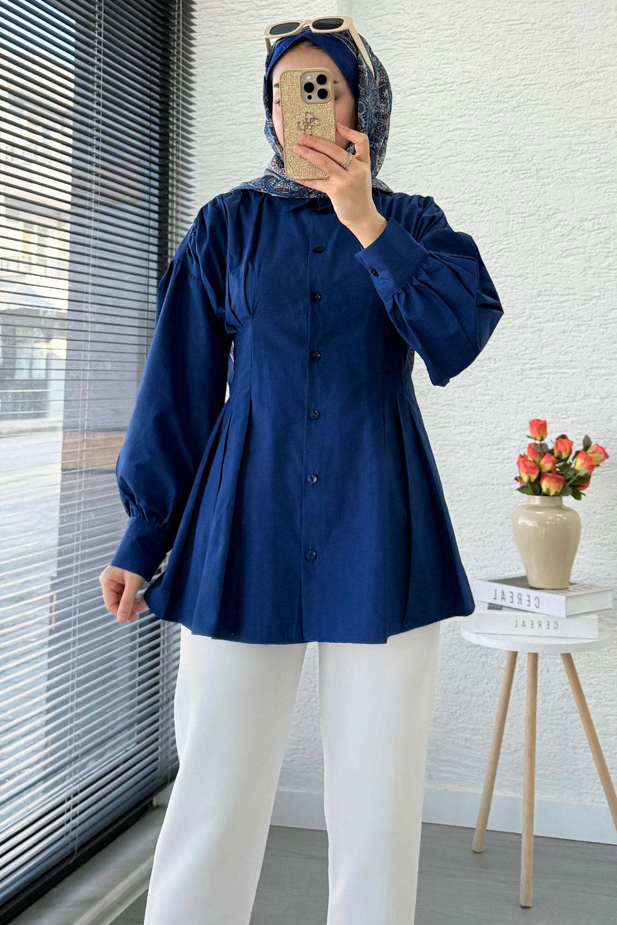 Premium Önü ve Arkası Pens Detaylı Poplin Gömlek Tunik — Lacivert