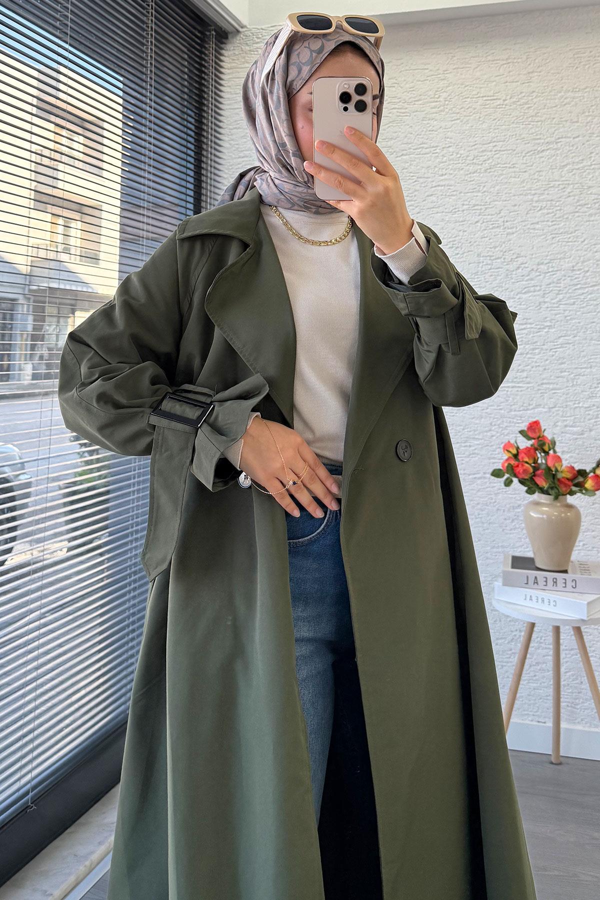 Premium Önü Yarım Kapaklı Kadın Trençkot – Haki