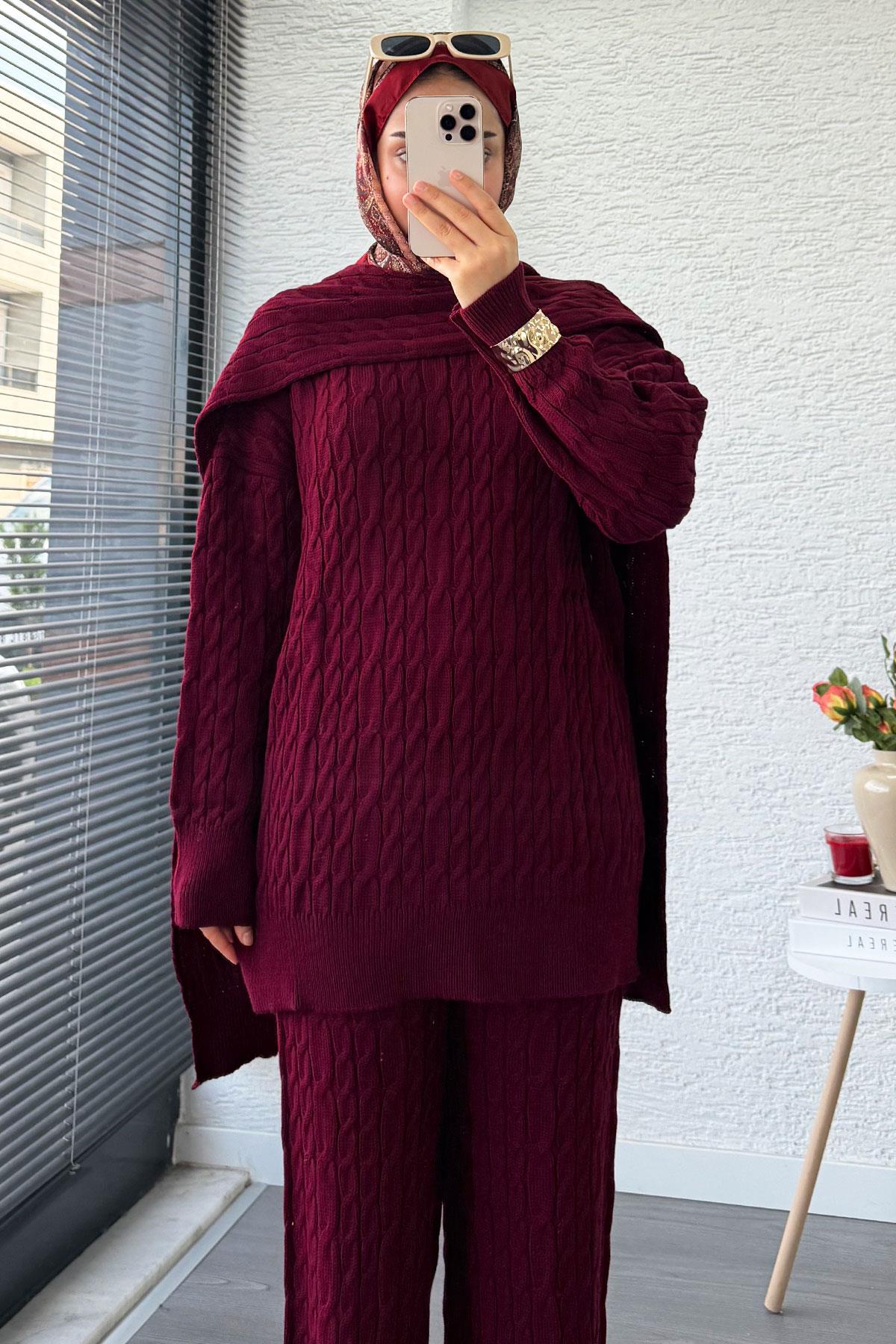 Premium Örgü Desen Atkı Detaylı Kadın Triko Takım – Bordo