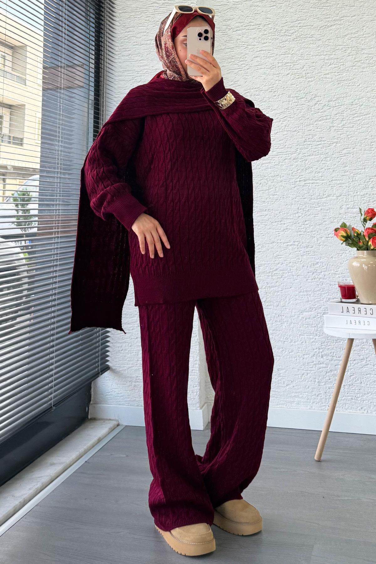 Premium Örgü Desen Atkı Detaylı Kadın Triko Takım – Bordo