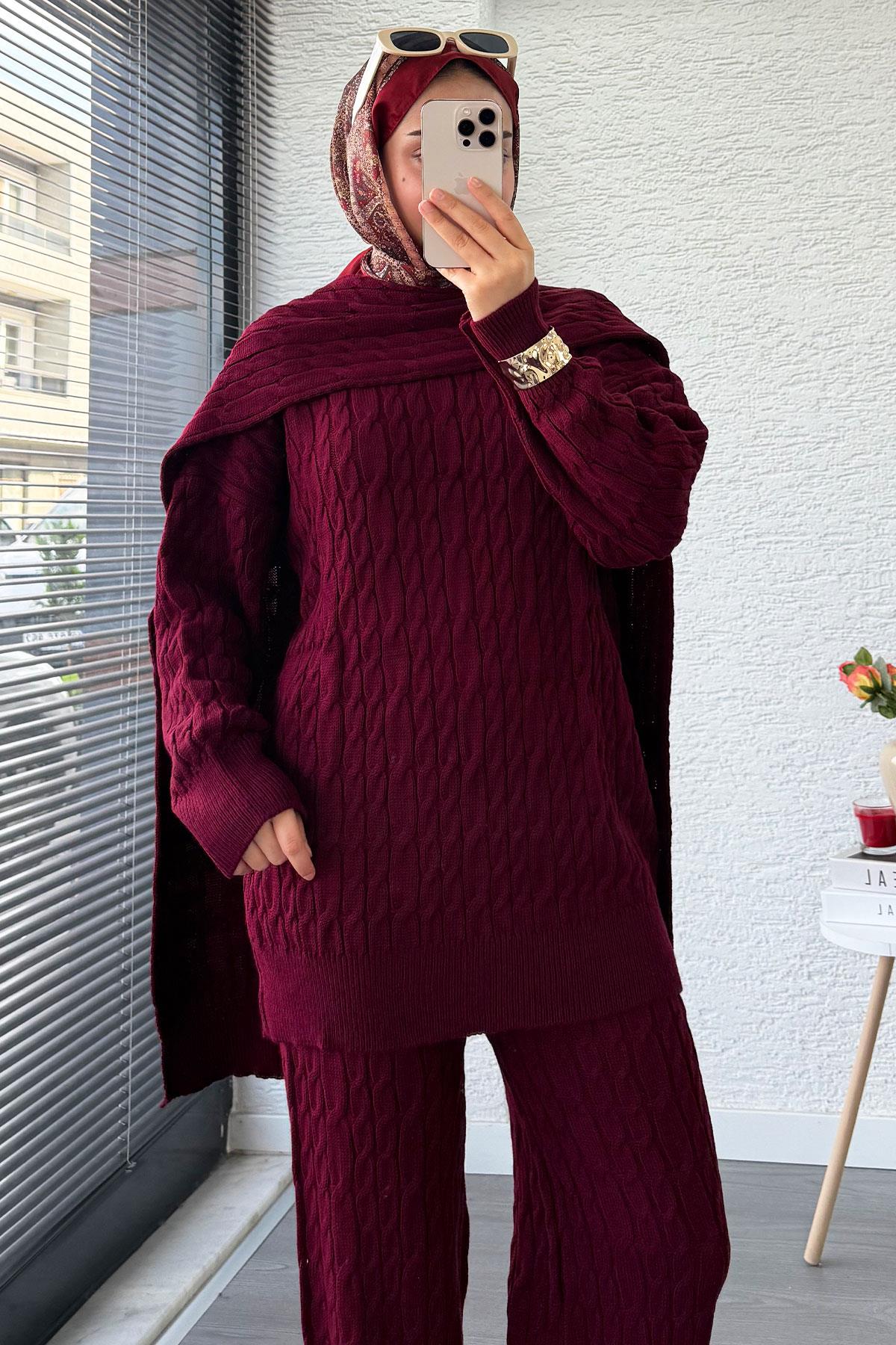Premium Örgü Desen Atkı Detaylı Kadın Triko Takım – Bordo