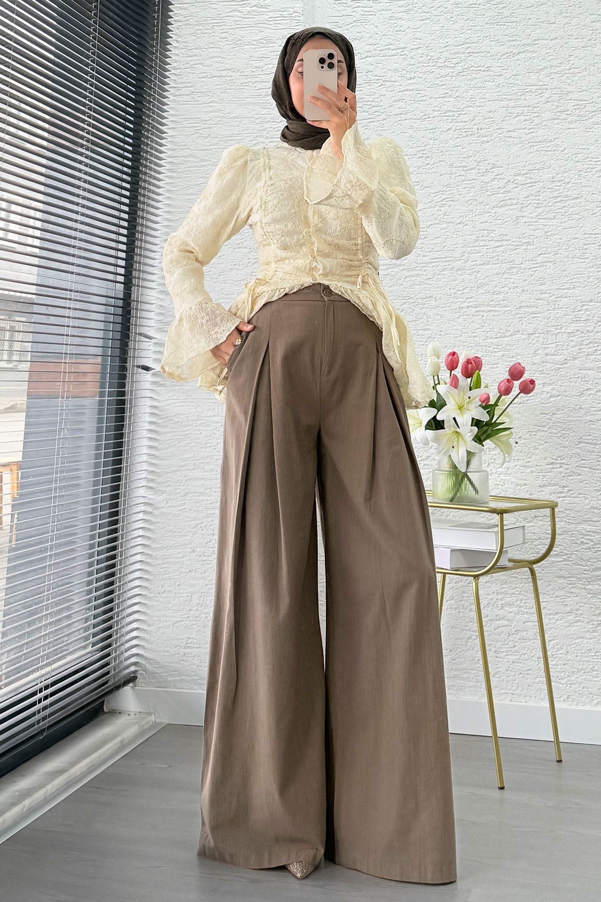 Premium Örgü Kemerli Palazzo Keten Pantolon - Haki