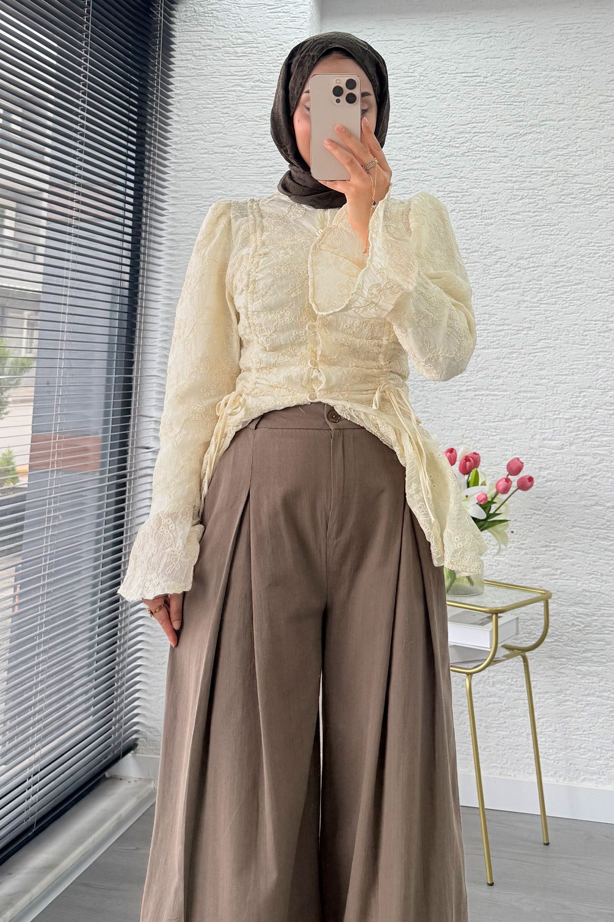 Premium Örgü Kemerli Palazzo Keten Pantolon - Haki