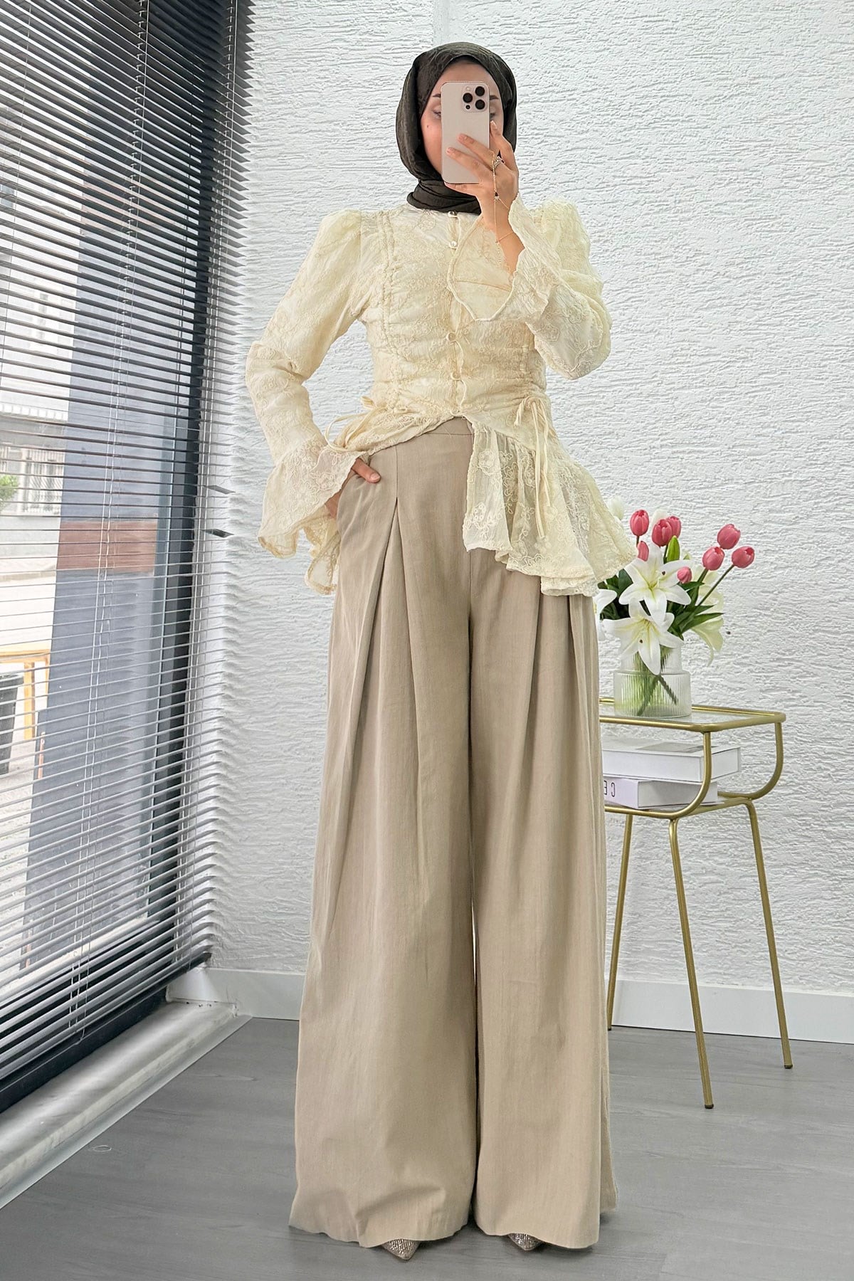 Premium Örgü Kemerli Palazzo Keten Pantolon - Vizon