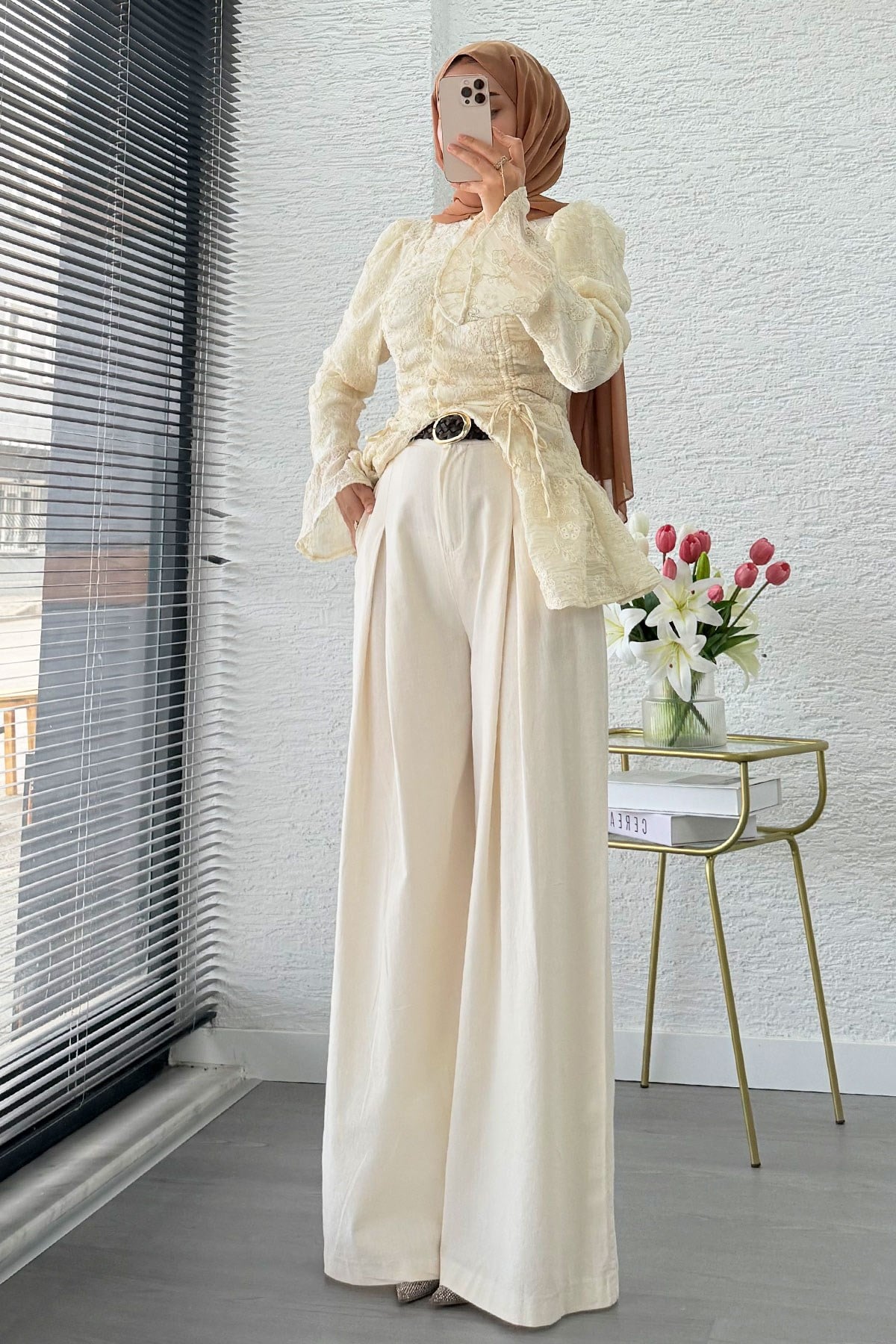 Premium Örgü Kemerli Palazzo Keten Pantolon - Natural