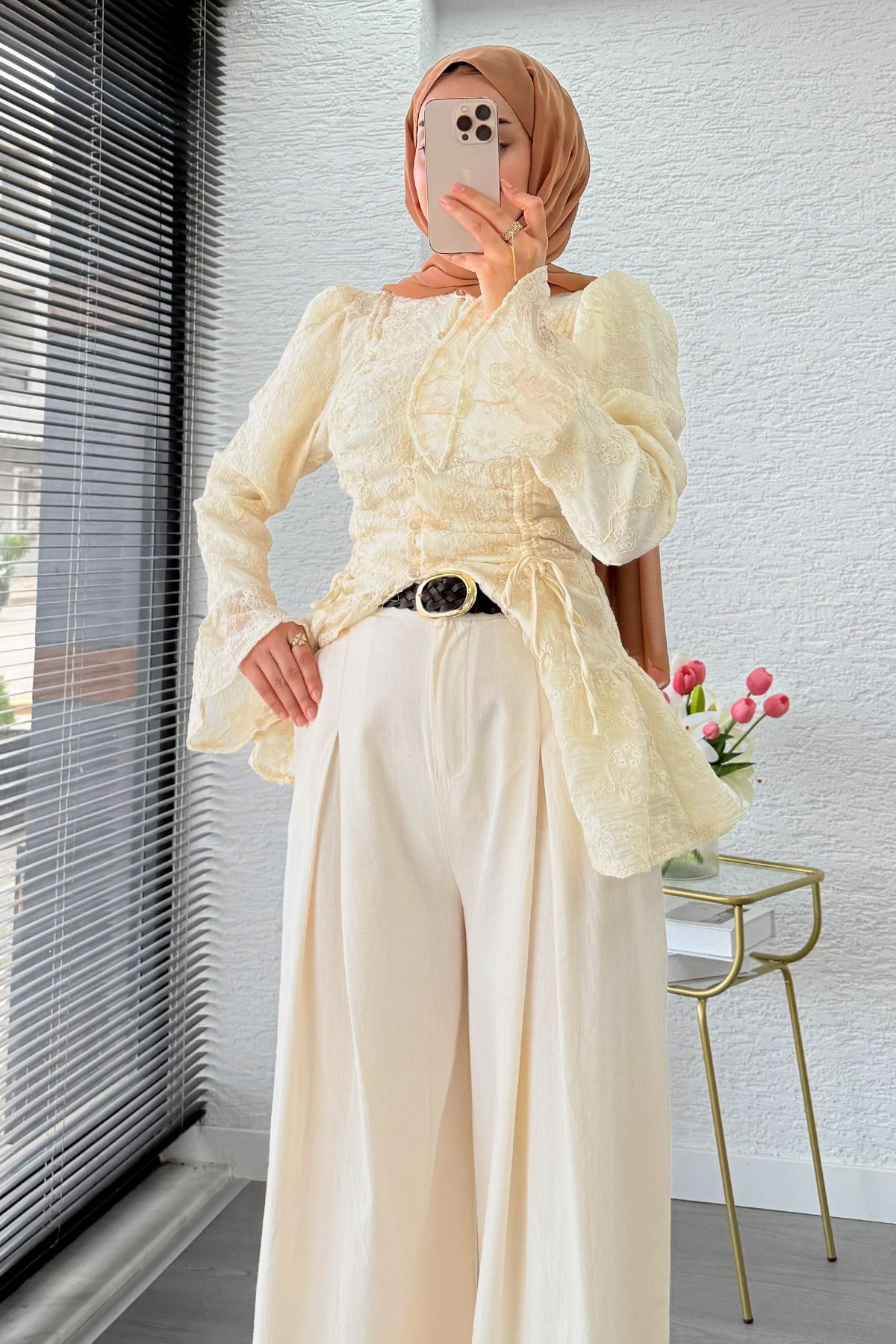 Premium Örgü Kemerli Palazzo Keten Pantolon - Natural