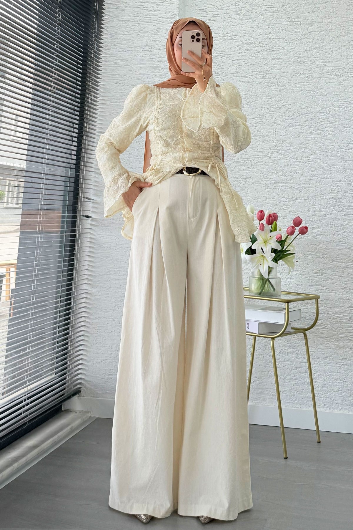Premium Örgü Kemerli Palazzo Keten Pantolon - Natural