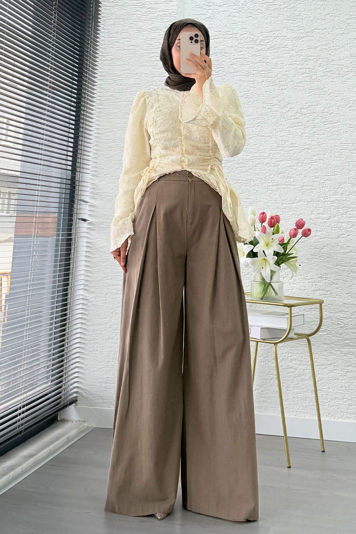 Premium Örgü Kemerli Palazzo Keten Pantolon - Haki
