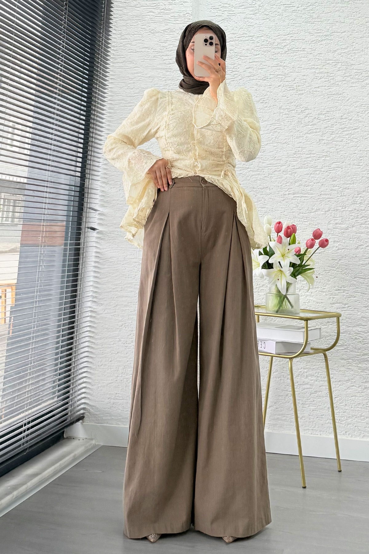 Premium Örgü Kemerli Palazzo Keten Pantolon - Haki