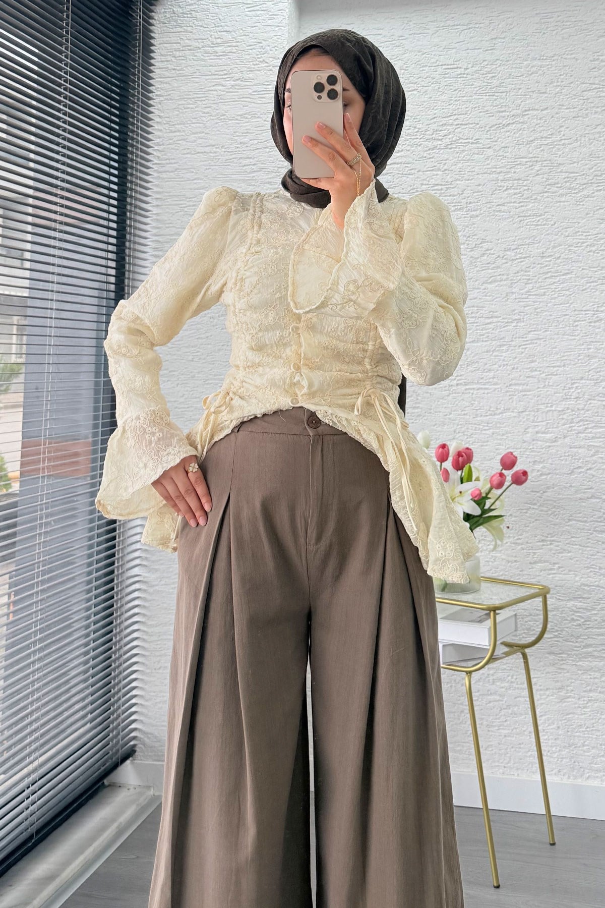 Premium Örgü Kemerli Palazzo Keten Pantolon - Haki